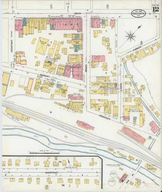Sanborn Fire Insurance Map from Oneonta, Otsego County, New York (1905), Sheet #0012 - Historic Sanborn Fire Insurance Map Print, vintage old map wall art, antique decor, genealogy gift, New York New York map