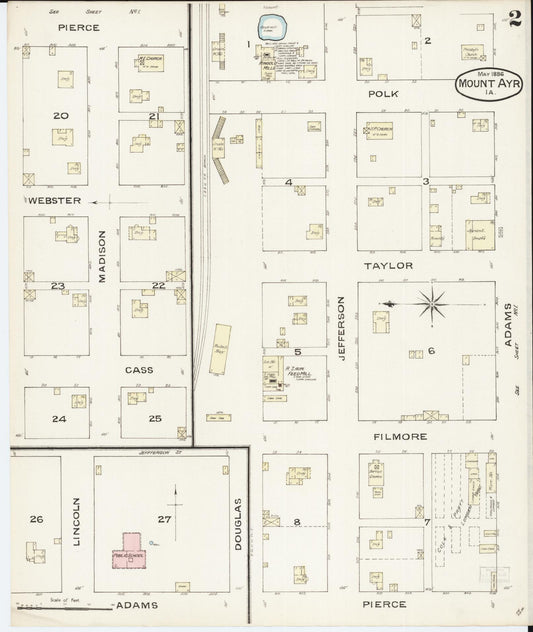 Sanborn Fire Insurance Map from Mount Ayr, Ringgold County, Iowa (1886), Sheet #0002 - Historic Sanborn Fire Insurance Map Print, vintage old map wall art