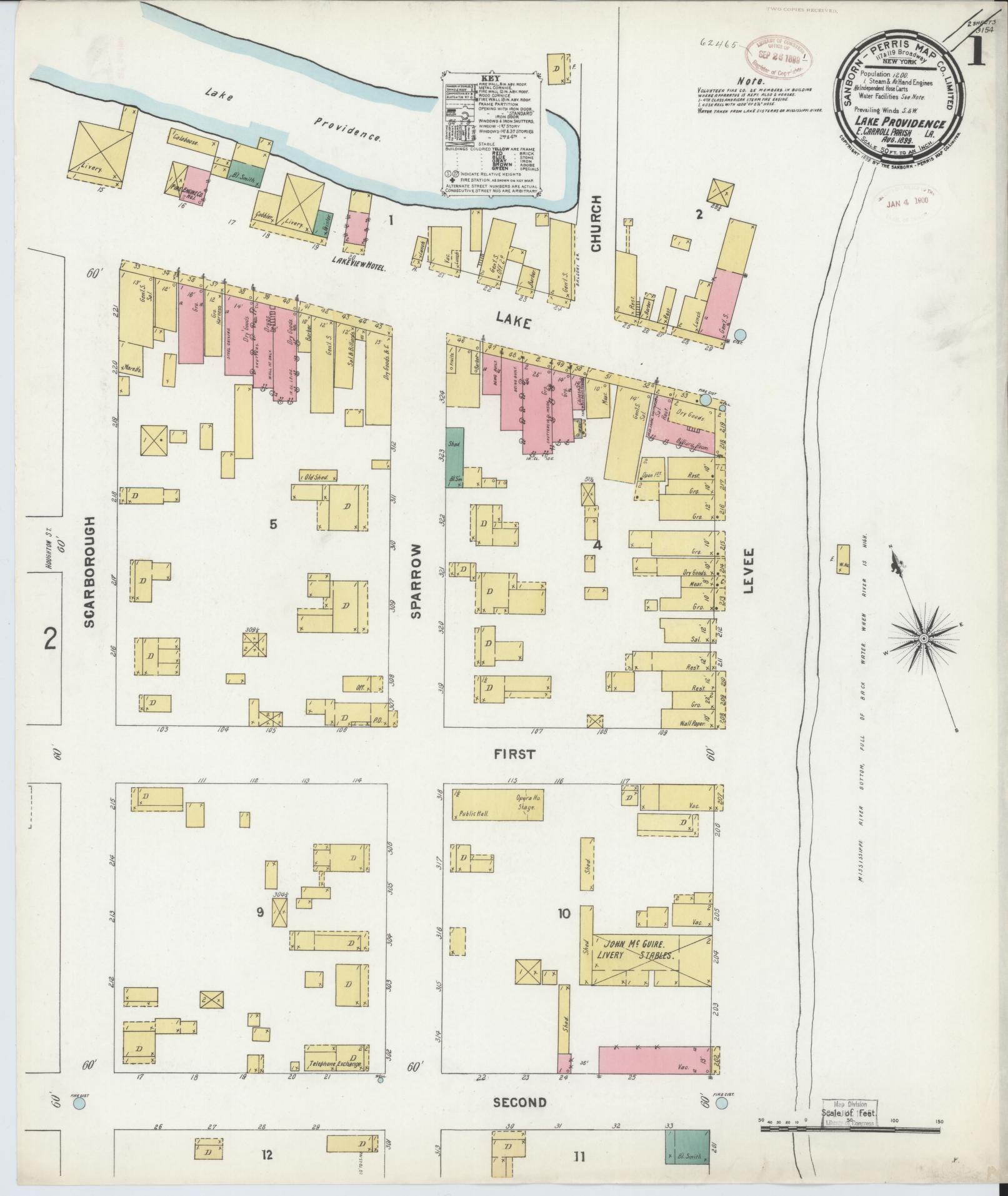 Sanborn Fire Insurance Map from Lake Providence, East Carroll Parish, Louisiana (1899), Sheet #0001 - Historic Sanborn Fire Insurance Map Print, vintage old map wall art, antique decor, genealogy gift, Louisiana Louisiana map