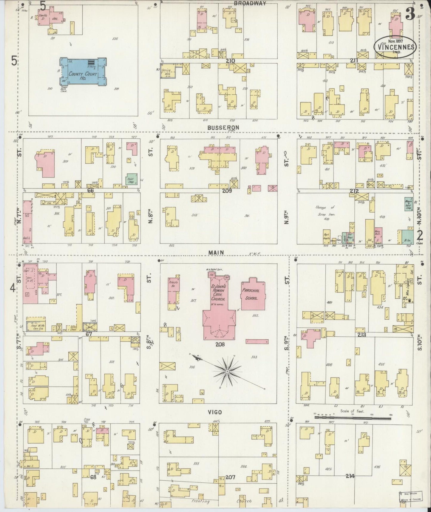 Sanborn Fire Insurance Map from Vincennes, Knox County, Indiana (1897), Sheet #0003 - Complete Map Set gallery image, historic Sanborn map, vintage wall art, Indiana Indiana