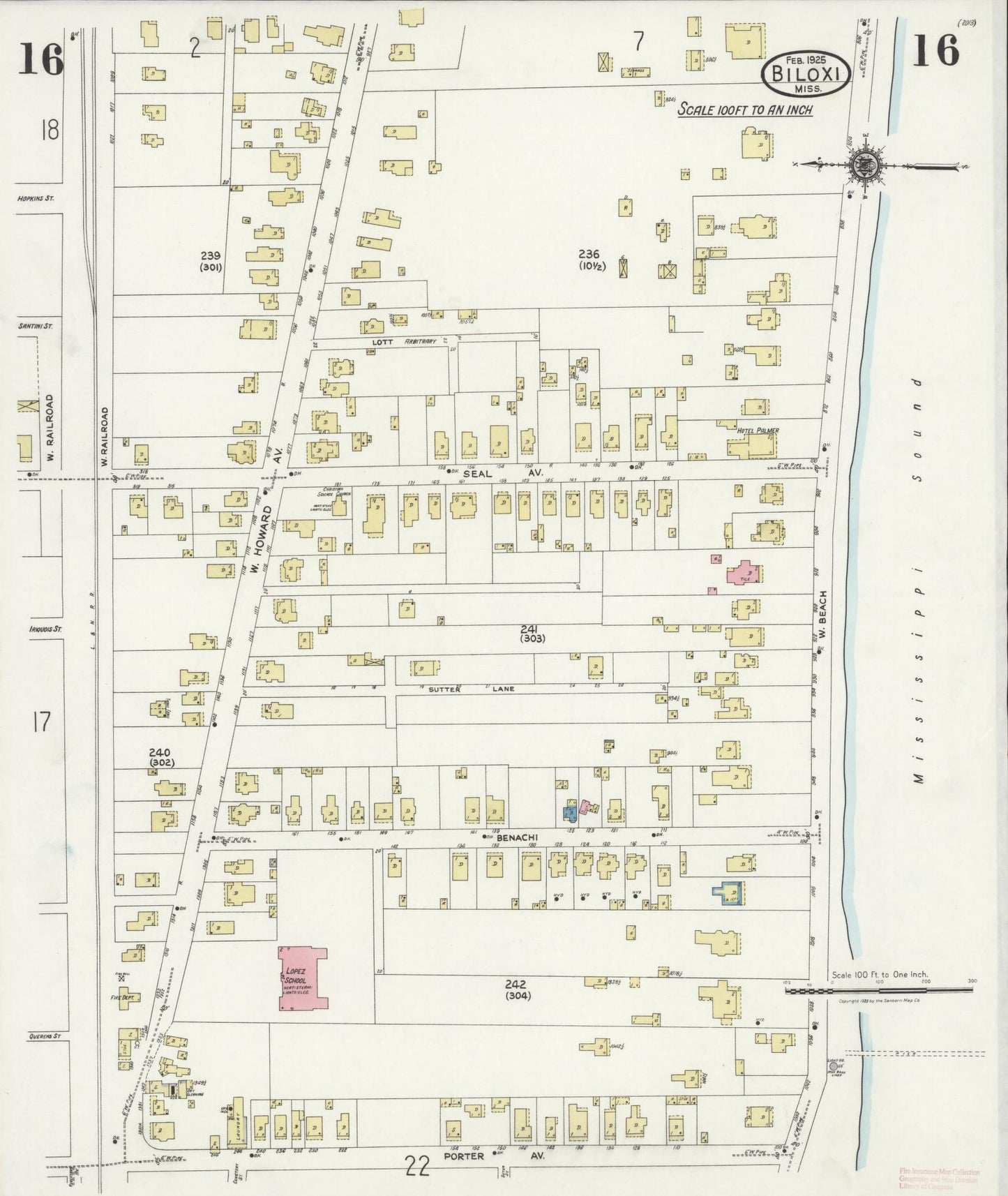 Sanborn Fire Insurance Map from Biloxi, Harrison County, Mississippi (1925), Sheet #0016 - Historic Sanborn Fire Insurance Map Print, vintage old map wall art, antique decor, genealogy gift, Mississippi Mississippi map