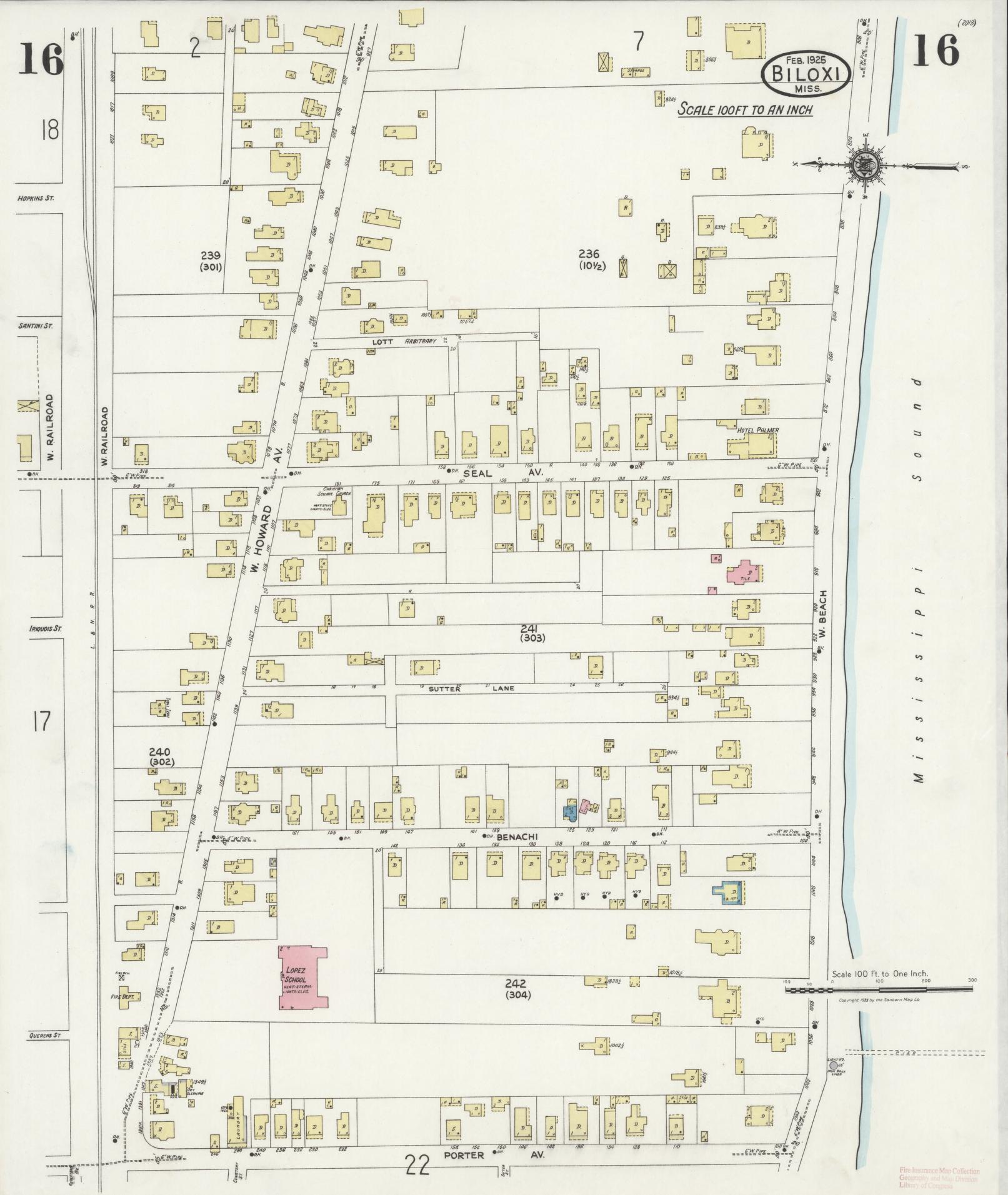 Sanborn Fire Insurance Map from Biloxi, Harrison County, Mississippi (1925), Sheet #0016 - Historic Sanborn Fire Insurance Map Print, vintage old map wall art, antique decor, genealogy gift, Mississippi Mississippi map