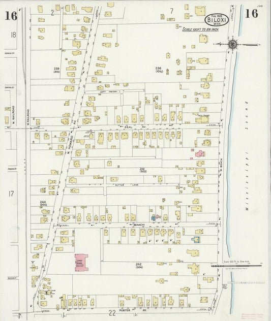 Sanborn Fire Insurance Map from Biloxi, Harrison County, Mississippi (1925), Sheet #0016 - Historic Sanborn Fire Insurance Map Print, vintage old map wall art, antique decor, genealogy gift, Mississippi Mississippi map