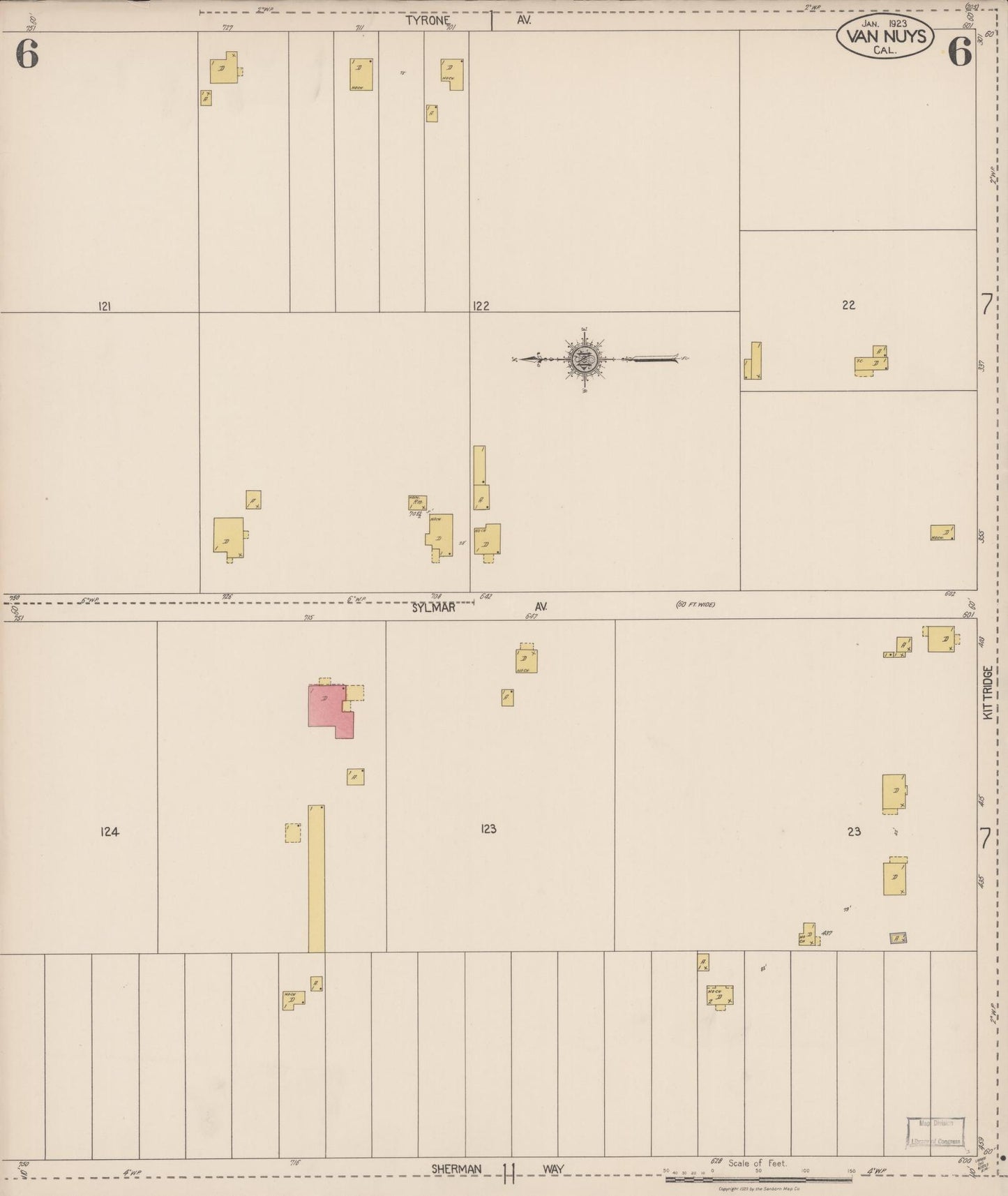 Sanborn Fire Insurance Map from Van Nuys, Los Angeles County, California (1923), Sheet #0006 - Complete Map Set gallery image, historic Sanborn map, vintage wall art, California California