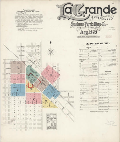 Sanborn Fire Insurance Map from La Grande, Union County, Oregon (1893), Sheet #0001 - Complete Map Set gallery image, historic Sanborn map, vintage wall art, Oregon Oregon