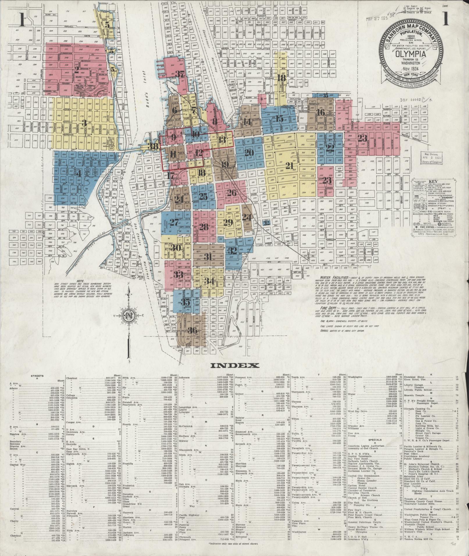Sanborn Fire Insurance Map from Olympia, Thurston County, Washington (1924), Sheet #0001 - Complete Map Set gallery image, historic Sanborn map, vintage wall art, Washington Washington