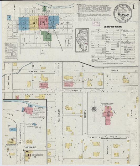 Sanborn Fire Insurance Map from Newton, Jasper County, Illinois (1916), Sheet #0001 - Historic Sanborn Fire Insurance Map Print, vintage old map wall art, antique decor, genealogy gift, Illinois Illinois map