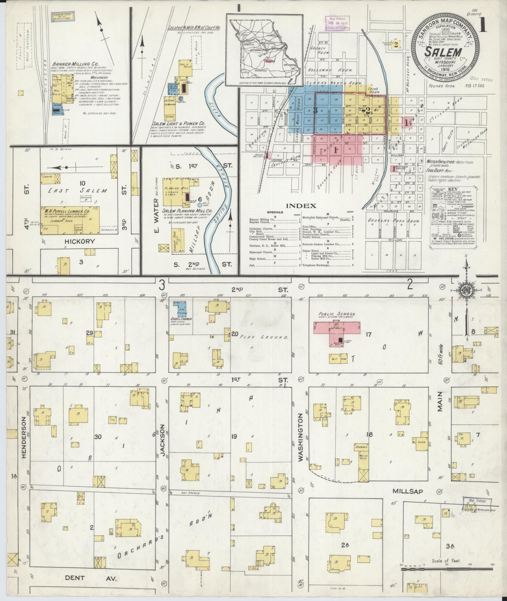 Sanborn Fire Insurance Map from Salem, Dent County, Missouri (1916), Sheet #0001 - Complete Map Set gallery image, historic Sanborn map, vintage wall art, Missouri Missouri