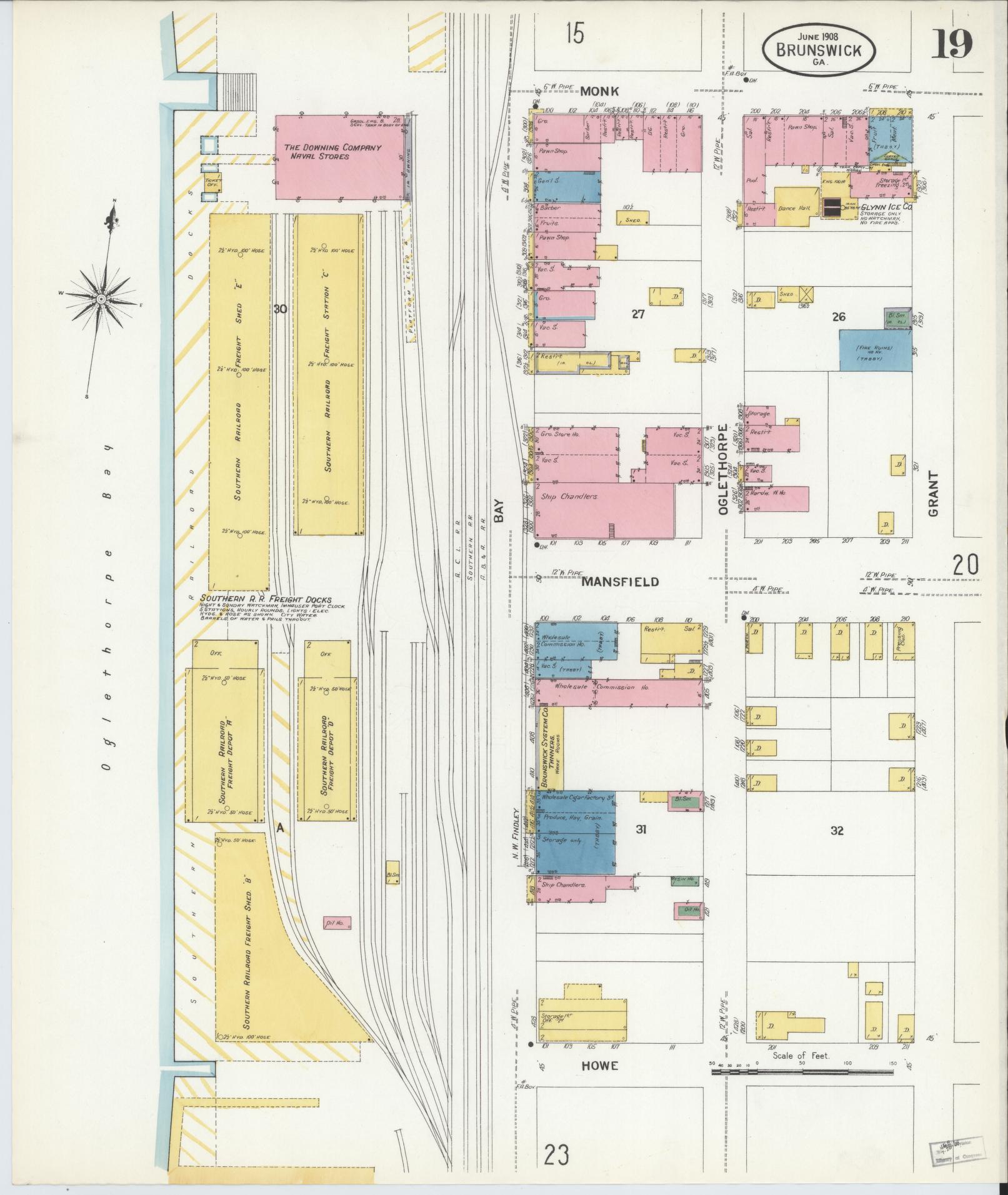 Sanborn Fire Insurance Map from Brunswick, Glynn County, Georgia (1908), Sheet #0019 - Historic Sanborn Fire Insurance Map Print, vintage old map wall art, antique decor, genealogy gift, Georgia Georgia map