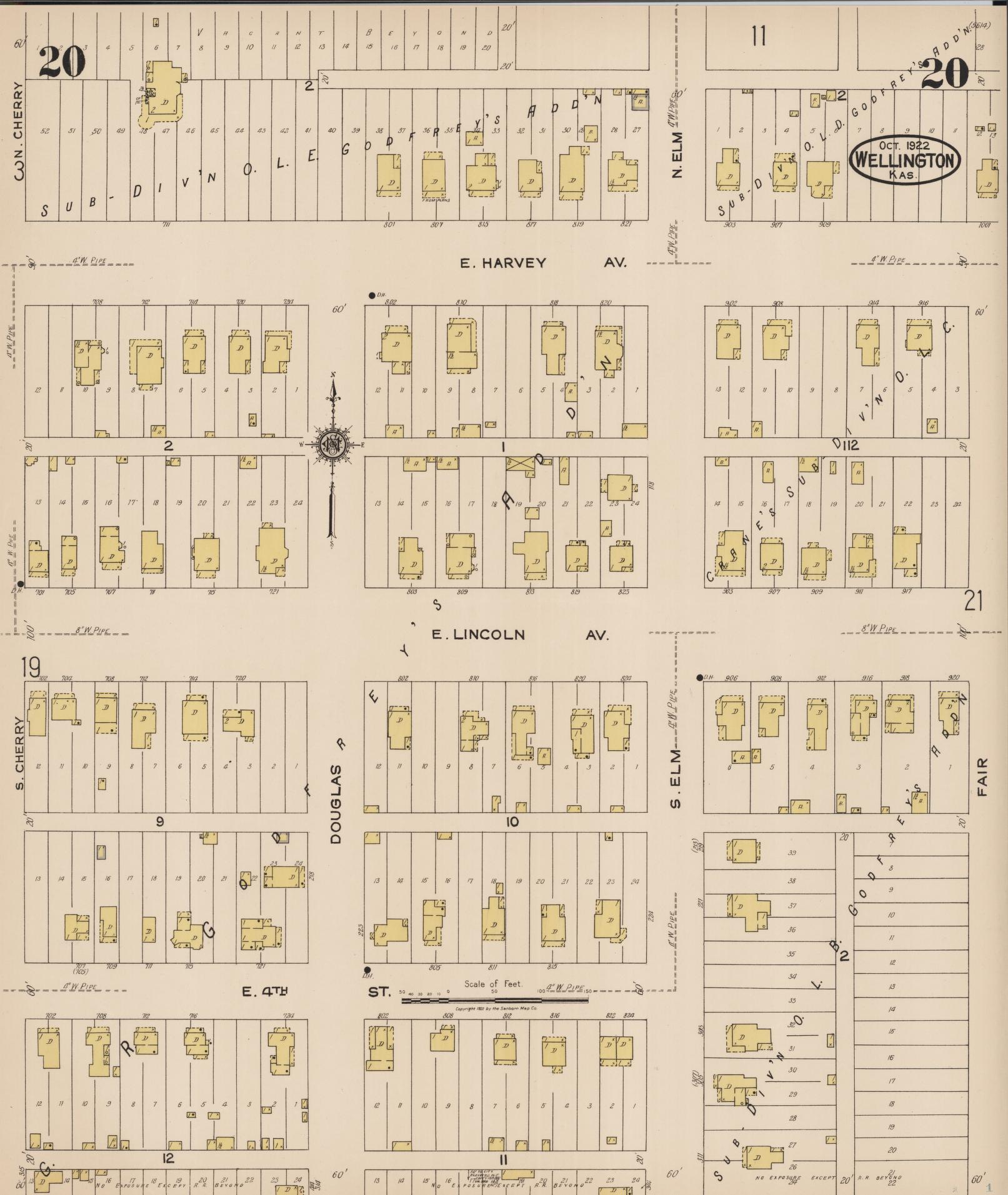 Sanborn Fire Insurance Map from Wellington, Sumner County, Kansas (1922), Sheet #0020 - Complete Map Set gallery image, historic Sanborn map, vintage wall art, Kansas Kansas