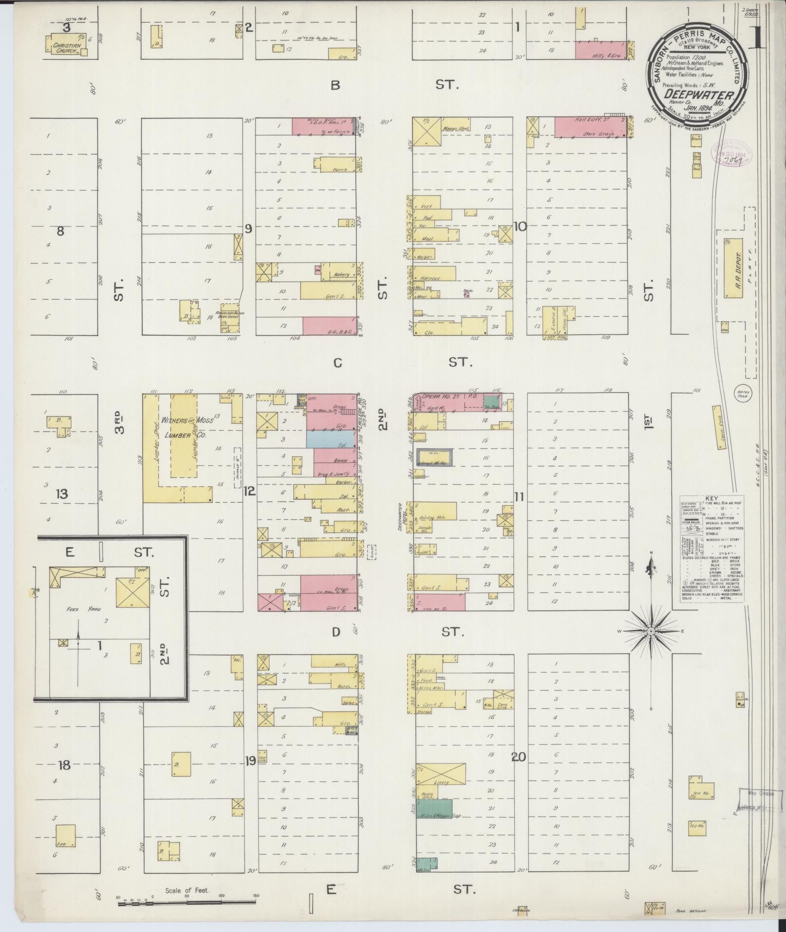 Sanborn Fire Insurance Map from Deepwater, Henry County, Missouri (1894), Sheet #0001 - Historic Sanborn Fire Insurance Map Print, vintage old map wall art, antique decor, genealogy gift, Missouri Missouri map