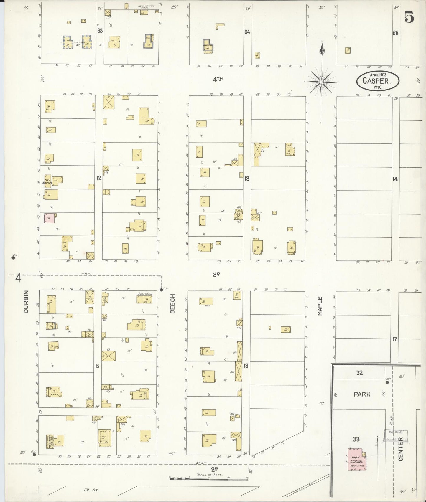 Sanborn Fire Insurance Map from Casper, Natrona County, Wyoming (1903), Sheet #0005 - Complete Map Set gallery image, historic Sanborn map, vintage wall art, Wyoming Wyoming