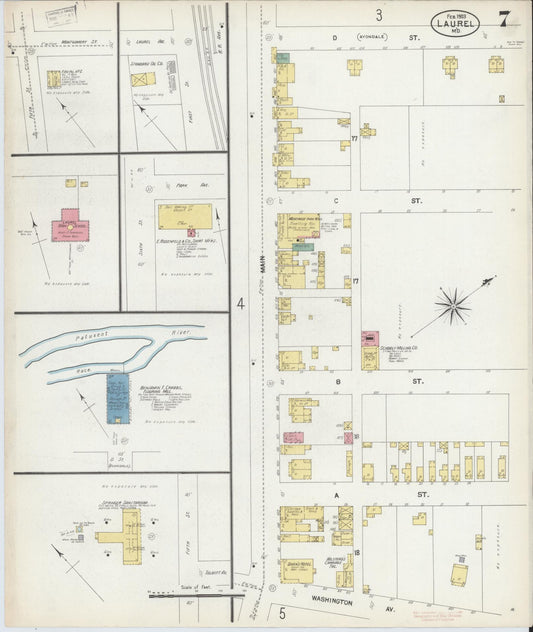 Sanborn Fire Insurance Map from Laurel, Prince Georges County, Maryland (1903), Sheet #0007 - Historic Sanborn Fire Insurance Map Print, vintage old map wall art