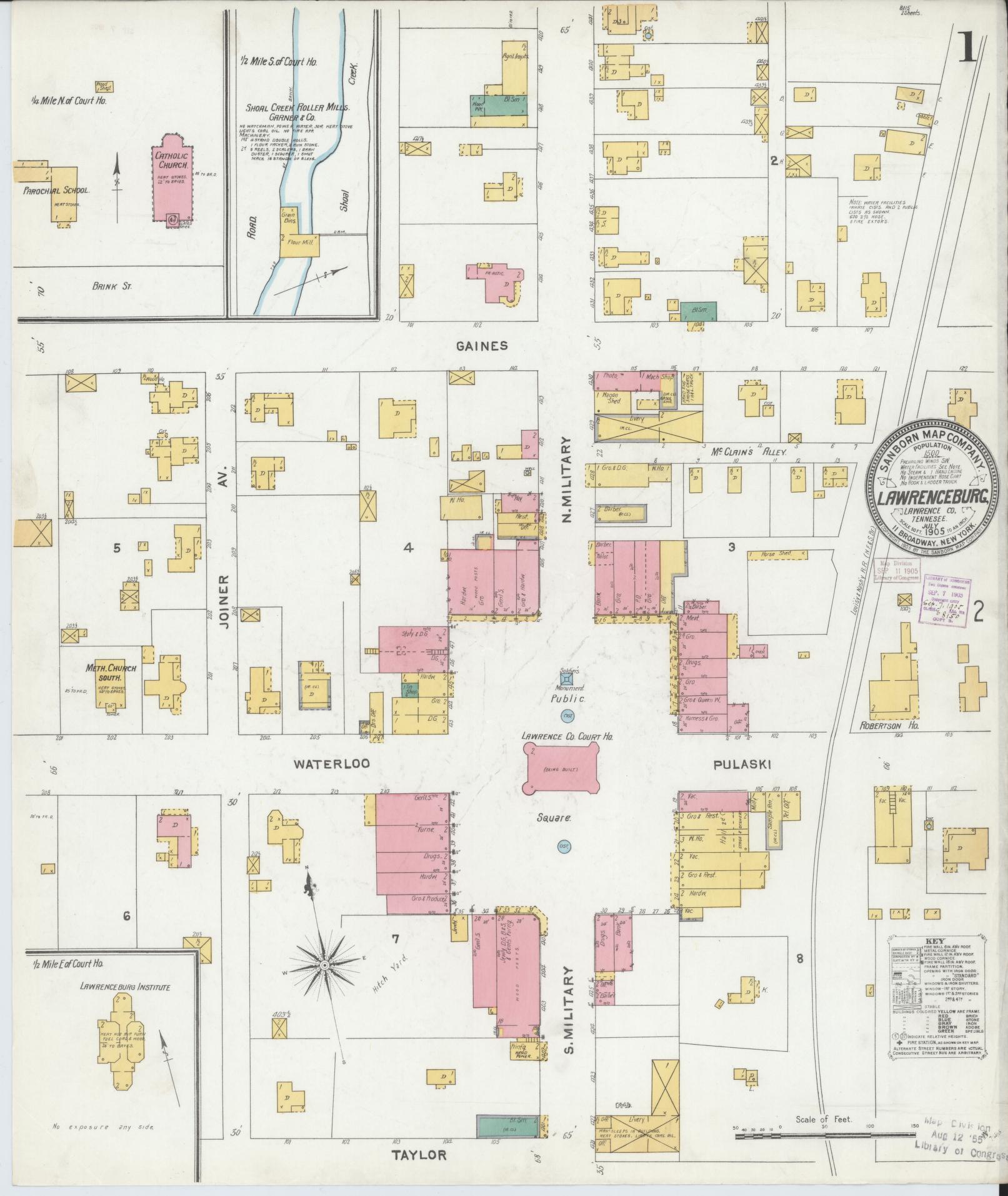 Sanborn Fire Insurance Map from Lawrenceburg, Lawrence County, Tennessee (1905), Sheet #0001 - Complete Map Set gallery image, historic Sanborn map, vintage wall art, Tennessee Tennessee