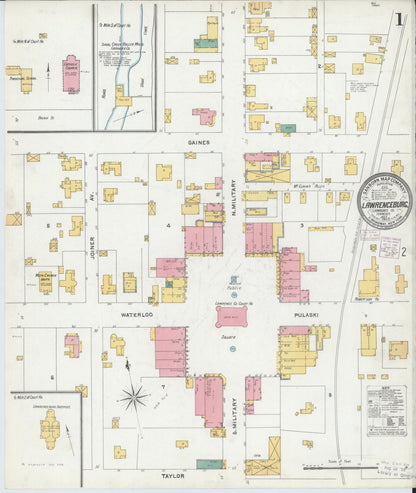 Sanborn Fire Insurance Map from Lawrenceburg, Lawrence County, Tennessee (1905), Sheet #0001 - Complete Map Set gallery image, historic Sanborn map, vintage wall art, Tennessee Tennessee