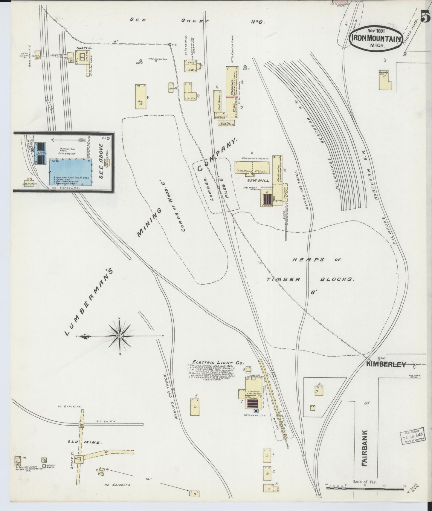 Sanborn Fire Insurance Map from Iron Mountain, Dickinson County, Michigan (1891), Sheet #0005 - Complete Map Set gallery image, historic Sanborn map, vintage wall art, Michigan Michigan