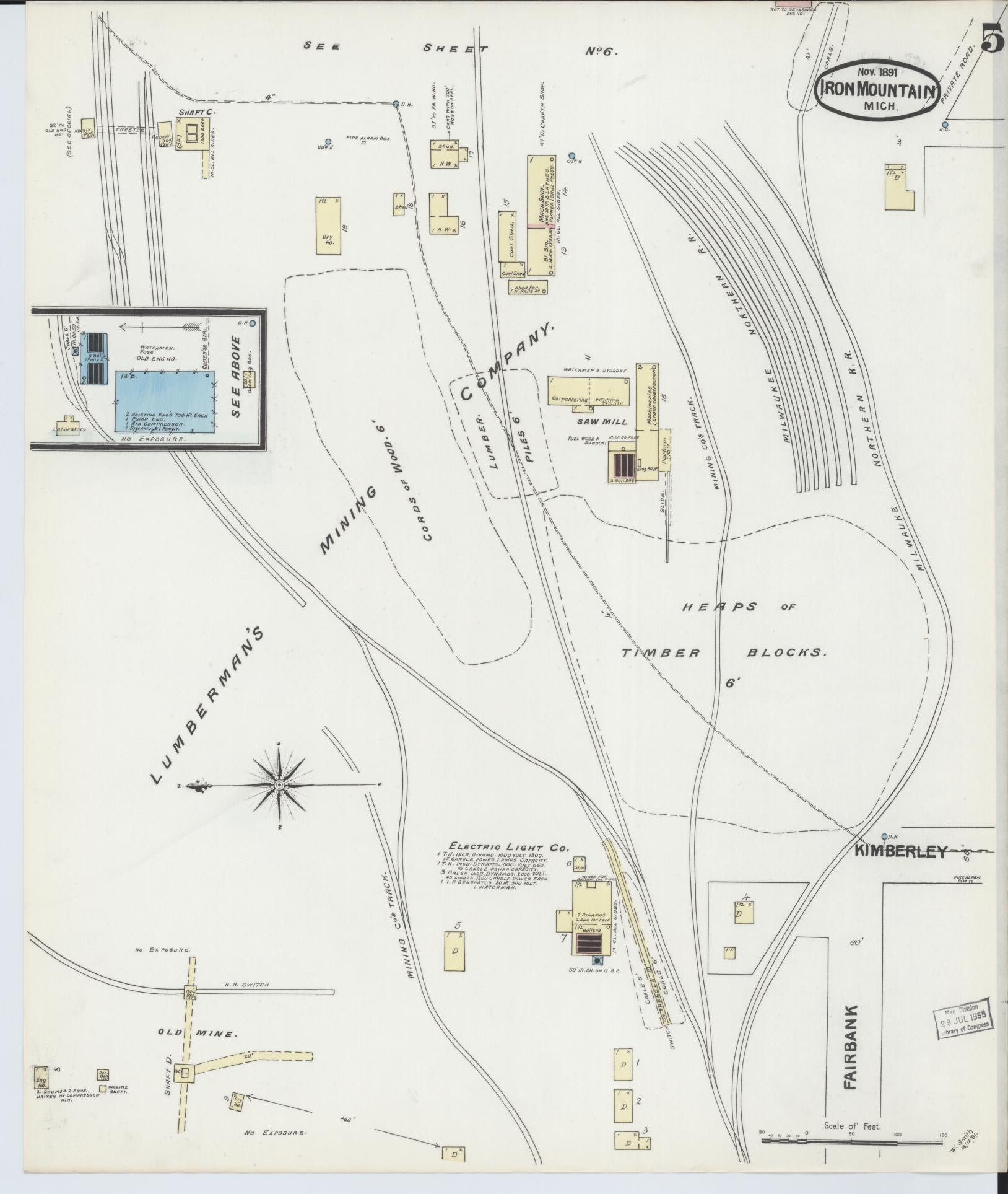 Sanborn Fire Insurance Map from Iron Mountain, Dickinson County, Michigan (1891), Sheet #0005 - Complete Map Set gallery image, historic Sanborn map, vintage wall art, Michigan Michigan