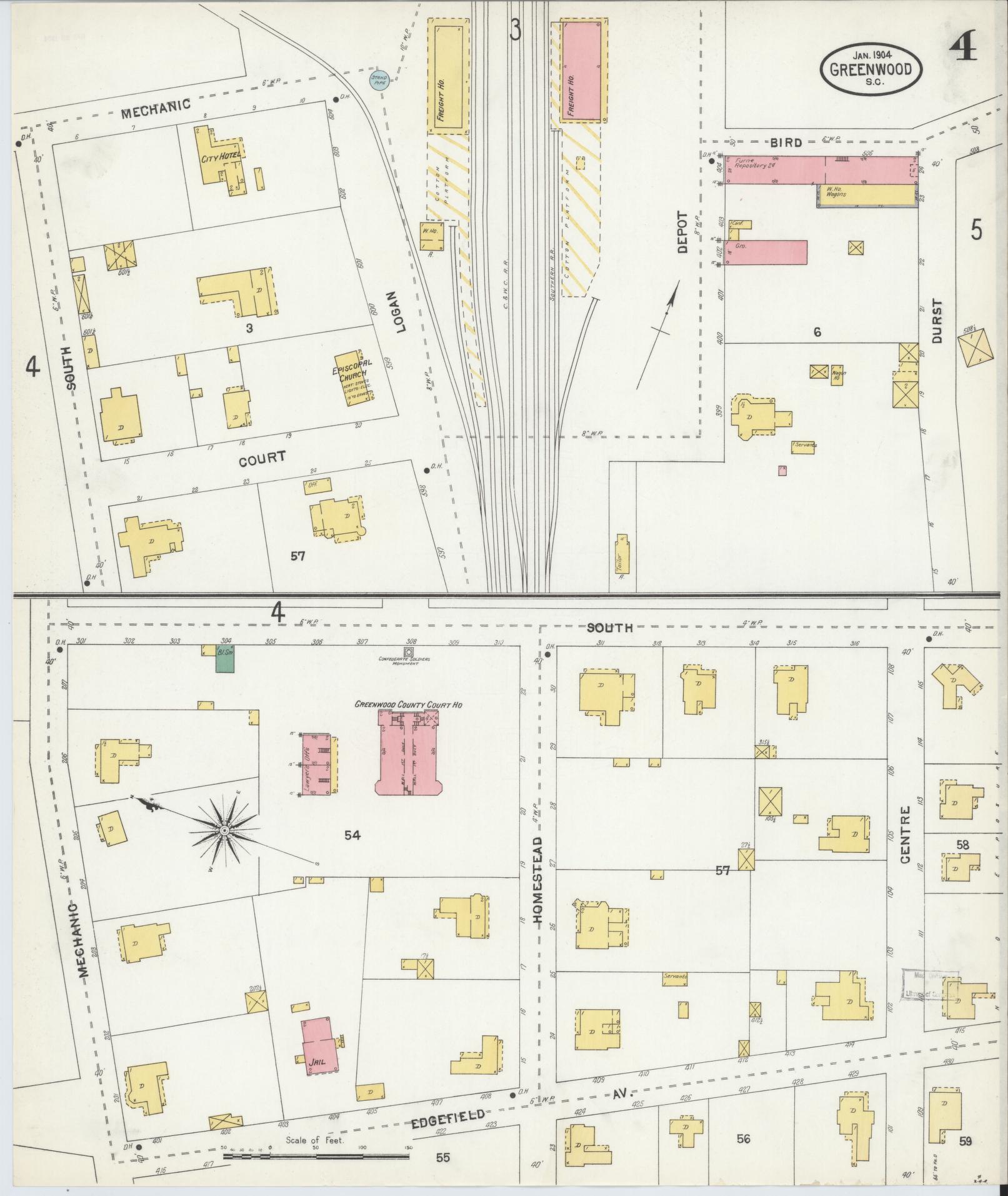 Sanborn Fire Insurance Map from Greenwood, Greenwood County, South Carolina (1904), Sheet #0004 - Complete Map Set gallery image, historic Sanborn map, vintage wall art, South Carolina South Carolina