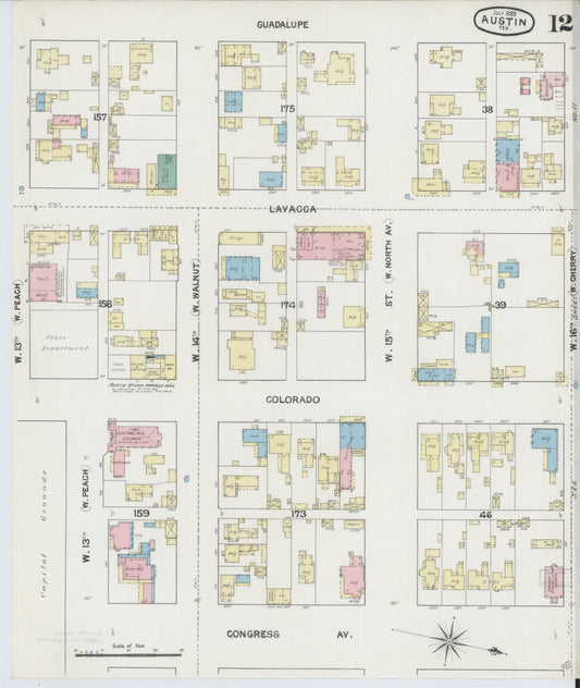 Sanborn Fire Insurance Map from Austin, Travis County, Texas (1889), Sheet #0012 - Historic Sanborn Fire Insurance Map Print, vintage old map wall art, antique decor, genealogy gift, Texas Texas map