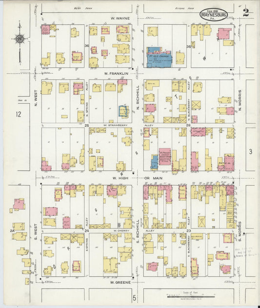 Sanborn Fire Insurance Map from Waynesburg, Greene County, Pennsylvania (1918), Sheet #0002 - Historic Sanborn Fire Insurance Map Print, vintage old map wall art, antique decor, genealogy gift, Pennsylvania Pennsylvania map