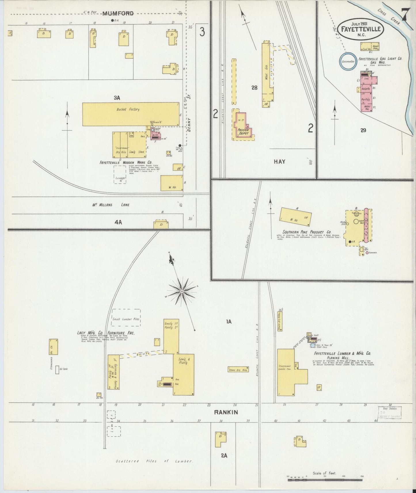 Sanborn Fire Insurance Map from Fayetteville, Cumberland County, North Carolina (1901), Sheet #0007 - Historic Sanborn Fire Insurance Map Print, vintage old map wall art, antique decor, genealogy gift, North Carolina North Carolina map