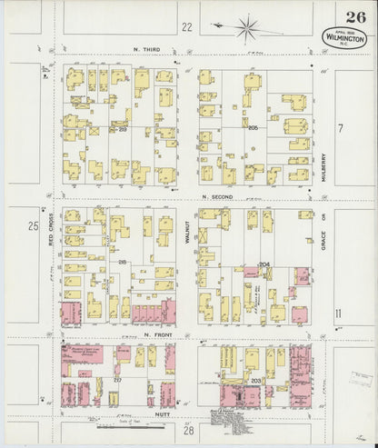 Sanborn Fire Insurance Map from Wilmington, New Hanover County, North Carolina (1898), Sheet #0026 - Historic Sanborn Fire Insurance Map Print, vintage old map wall art, antique decor, genealogy gift, North Carolina North Carolina map