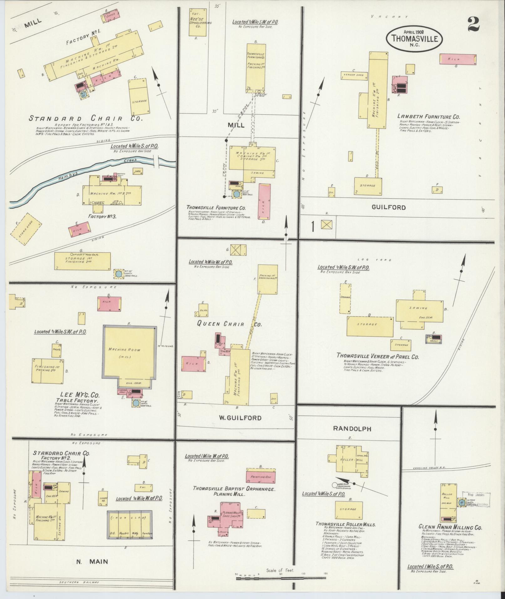 Sanborn Fire Insurance Map from Thomasville, Davidson County, North Carolina (1908), Sheet #0002 - Complete Map Set gallery image, historic Sanborn map, vintage wall art, North Carolina North Carolina