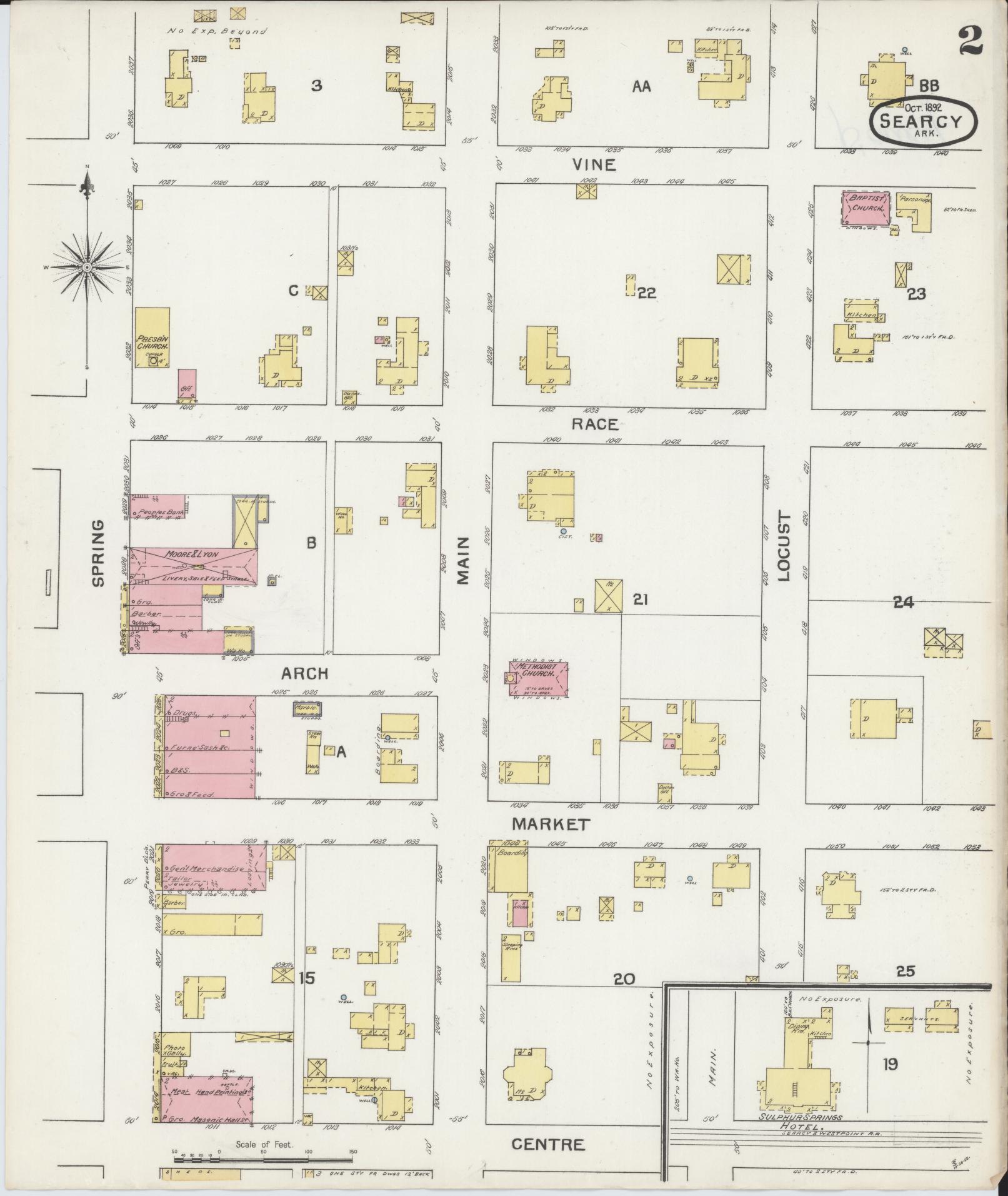 Sanborn Fire Insurance Map from Searcy, White County, Arkansas (1892), Sheet #0002 - Historic Sanborn Fire Insurance Map Print, vintage old map wall art, antique decor, genealogy gift, Arkansas Arkansas map
