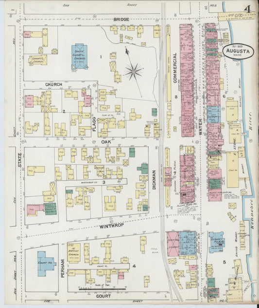 Sanborn Fire Insurance Map from Augusta, Kennebec County, Maine (1889), Sheet #0004 - Historic Sanborn Fire Insurance Map Print, vintage old map wall art, antique decor, genealogy gift, Maine Maine map