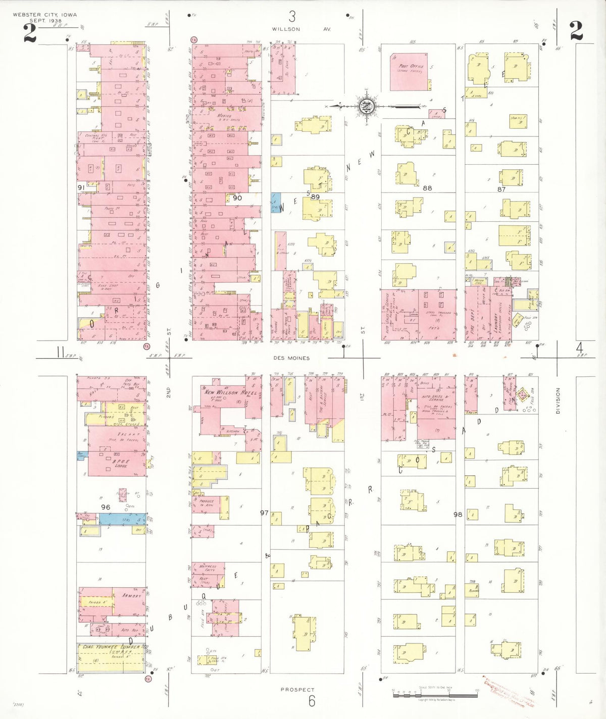 Sanborn Fire Insurance Map from Webster City, Hamilton County, Iowa (1938), Sheet #0002 - Historic Sanborn Fire Insurance Map Print, vintage old map wall art