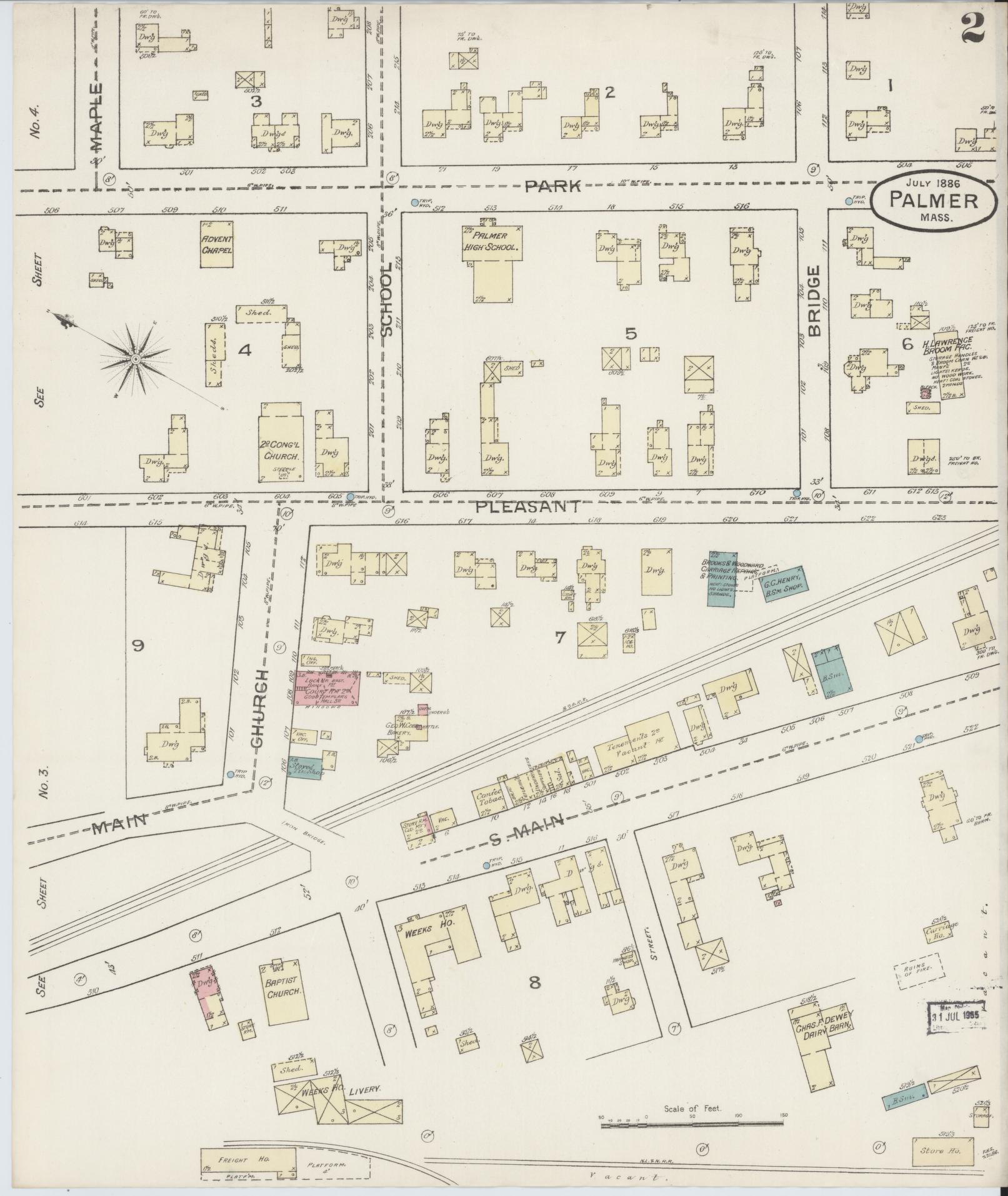 Sanborn Fire Insurance Map from Palmer, Hampden County, Massachusetts (1886), Sheet #0002 - Historic Sanborn Fire Insurance Map Print, vintage old map wall art, antique decor, genealogy gift, Massachusetts Massachusetts map