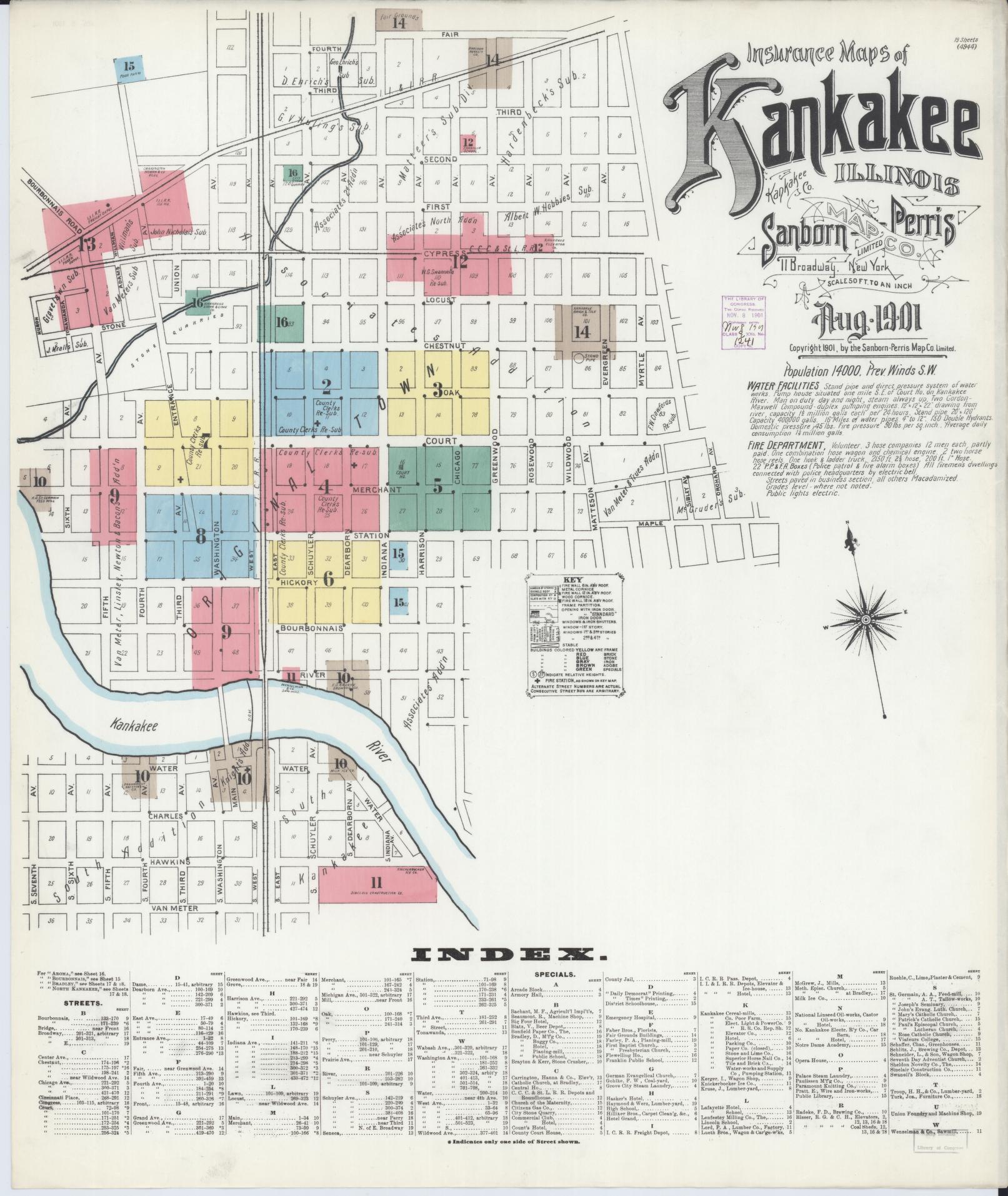 Sanborn Fire Insurance Map from Kankakee, Kankakee County, Illinois (1901), Sheet #0001 - Complete Map Set gallery image, historic Sanborn map, vintage wall art, Illinois Illinois