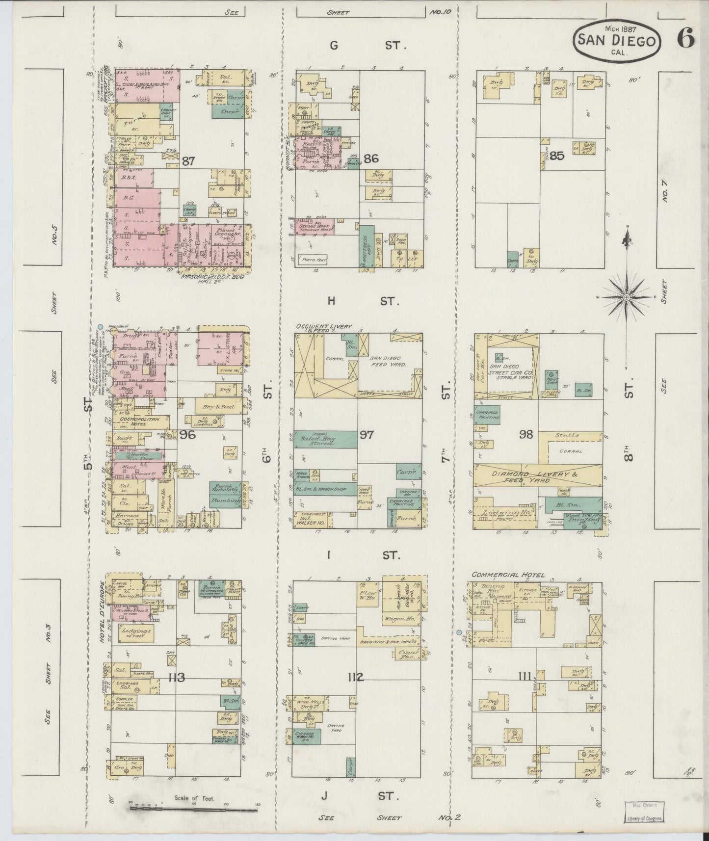 Sanborn Fire Insurance Map from San Diego, San Diego County, California (1887), Sheet #0006 - Complete Map Set gallery image, historic Sanborn map, vintage wall art, California California