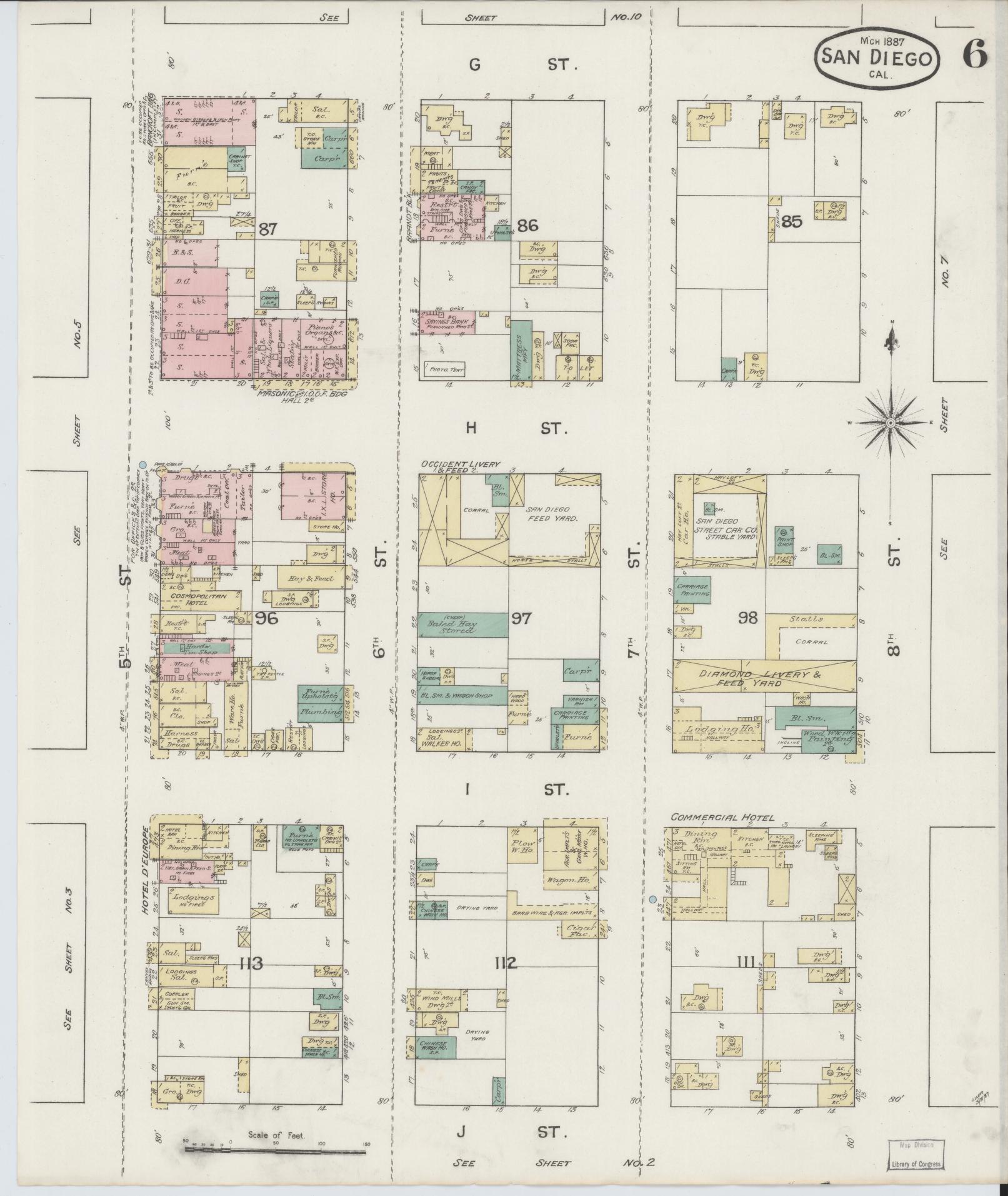 Sanborn Fire Insurance Map from San Diego, San Diego County, California (1887), Sheet #0006 - Complete Map Set gallery image, historic Sanborn map, vintage wall art, California California