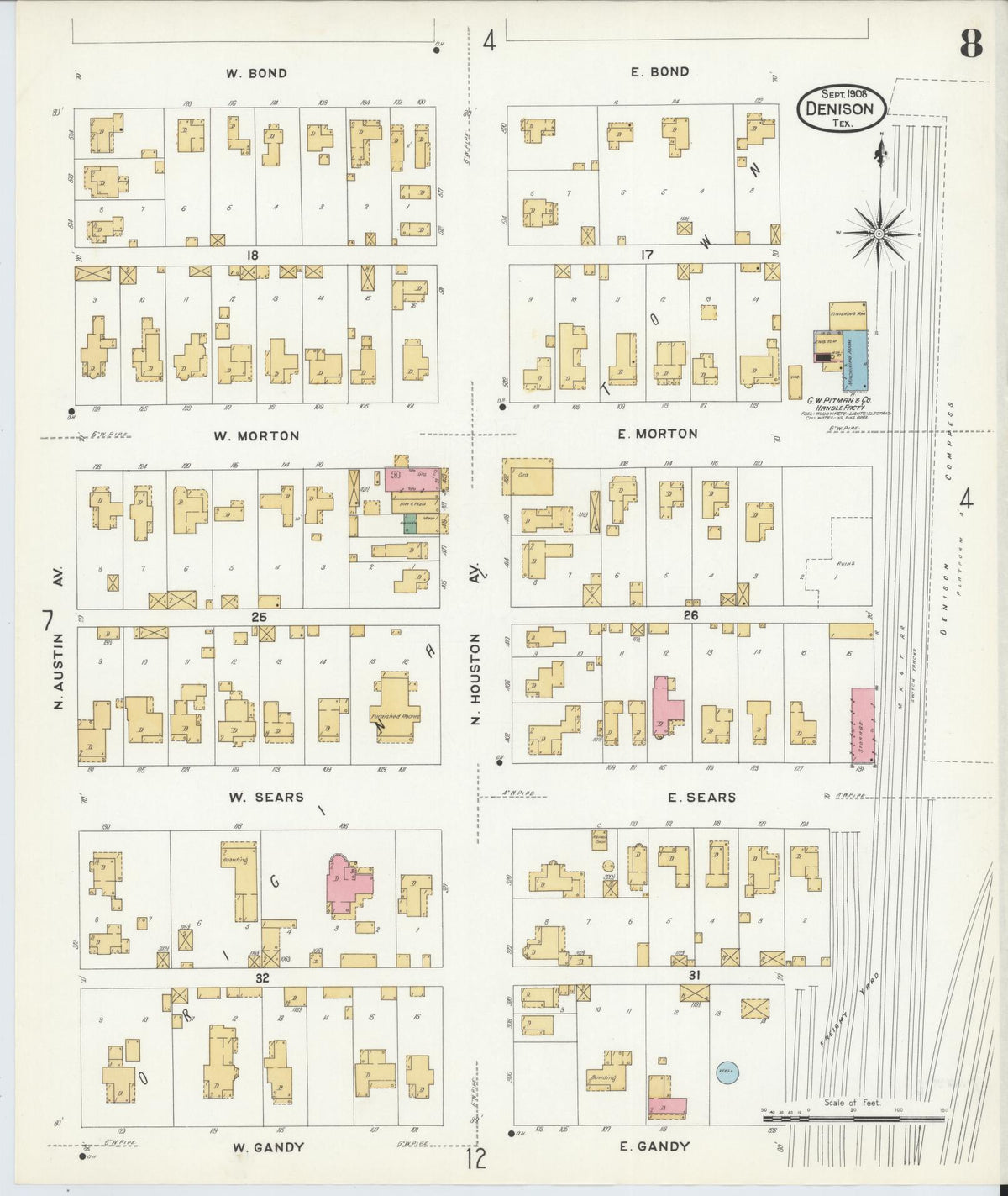 Sanborn Fire Insurance Map from Denison, Grayson County, Texas (1908), Sheet #0008 - Complete Map Set gallery image, historic Sanborn map, vintage wall art, Texas Texas