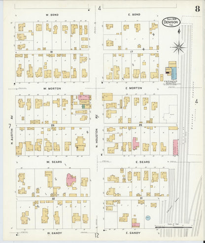 Sanborn Fire Insurance Map from Denison, Grayson County, Texas (1908), Sheet #0008 - Complete Map Set gallery image, historic Sanborn map, vintage wall art, Texas Texas