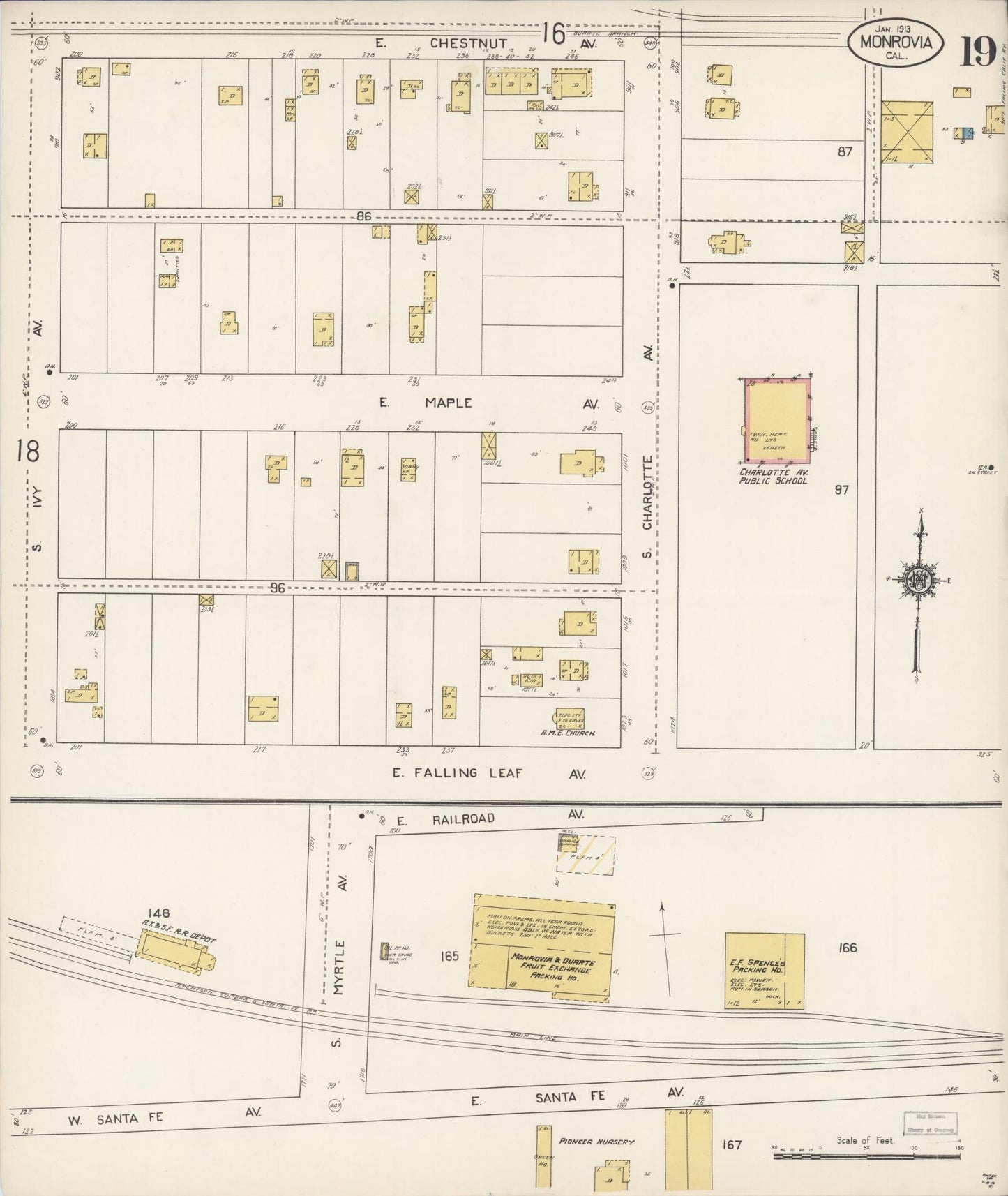 Sanborn Fire Insurance Map from Monrovia, Los Angeles County, California (1913), Sheet #0019 - Complete Map Set gallery image, historic Sanborn map, vintage wall art, California California