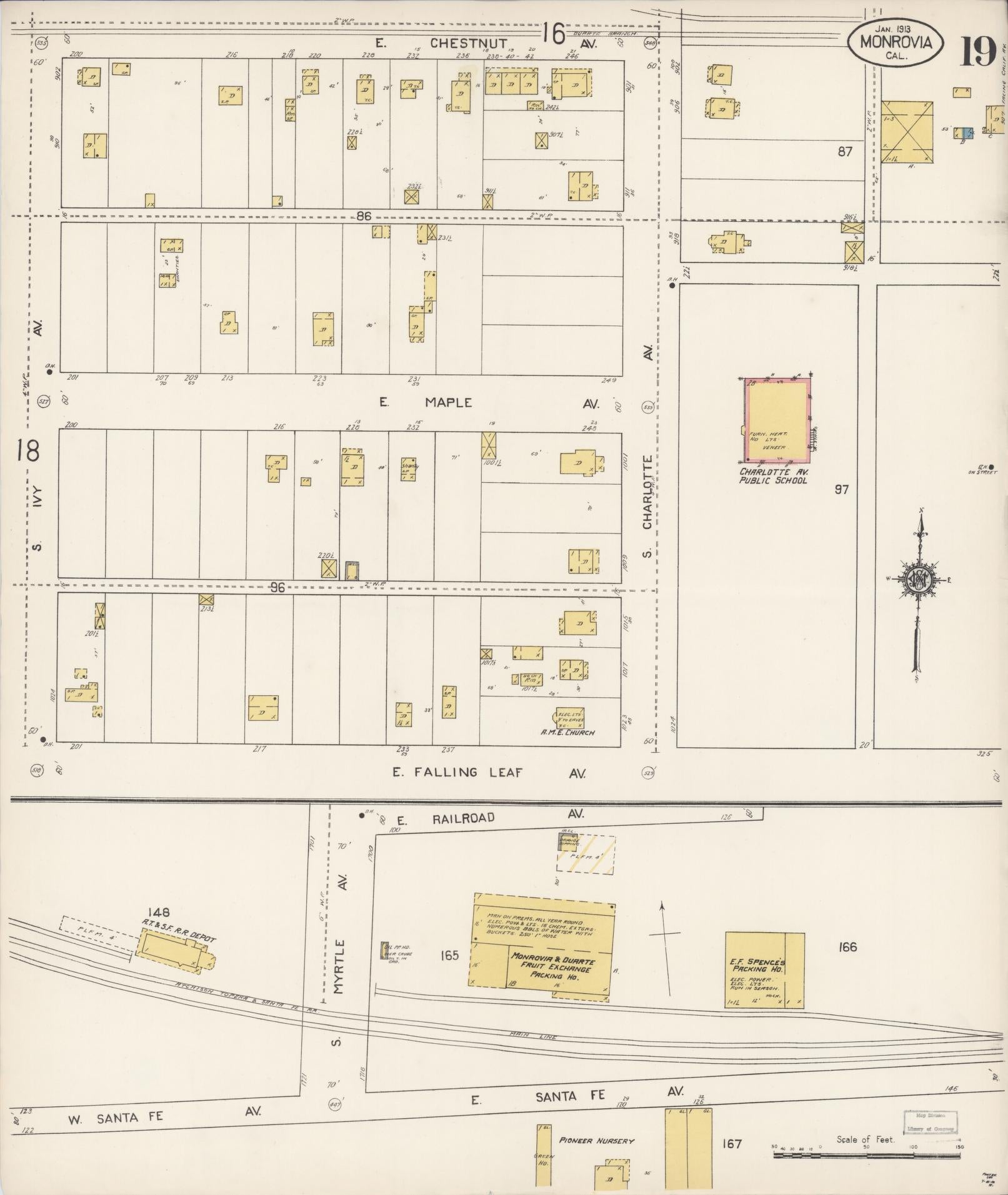 Sanborn Fire Insurance Map from Monrovia, Los Angeles County, California (1913), Sheet #0019 - Complete Map Set gallery image, historic Sanborn map, vintage wall art, California California