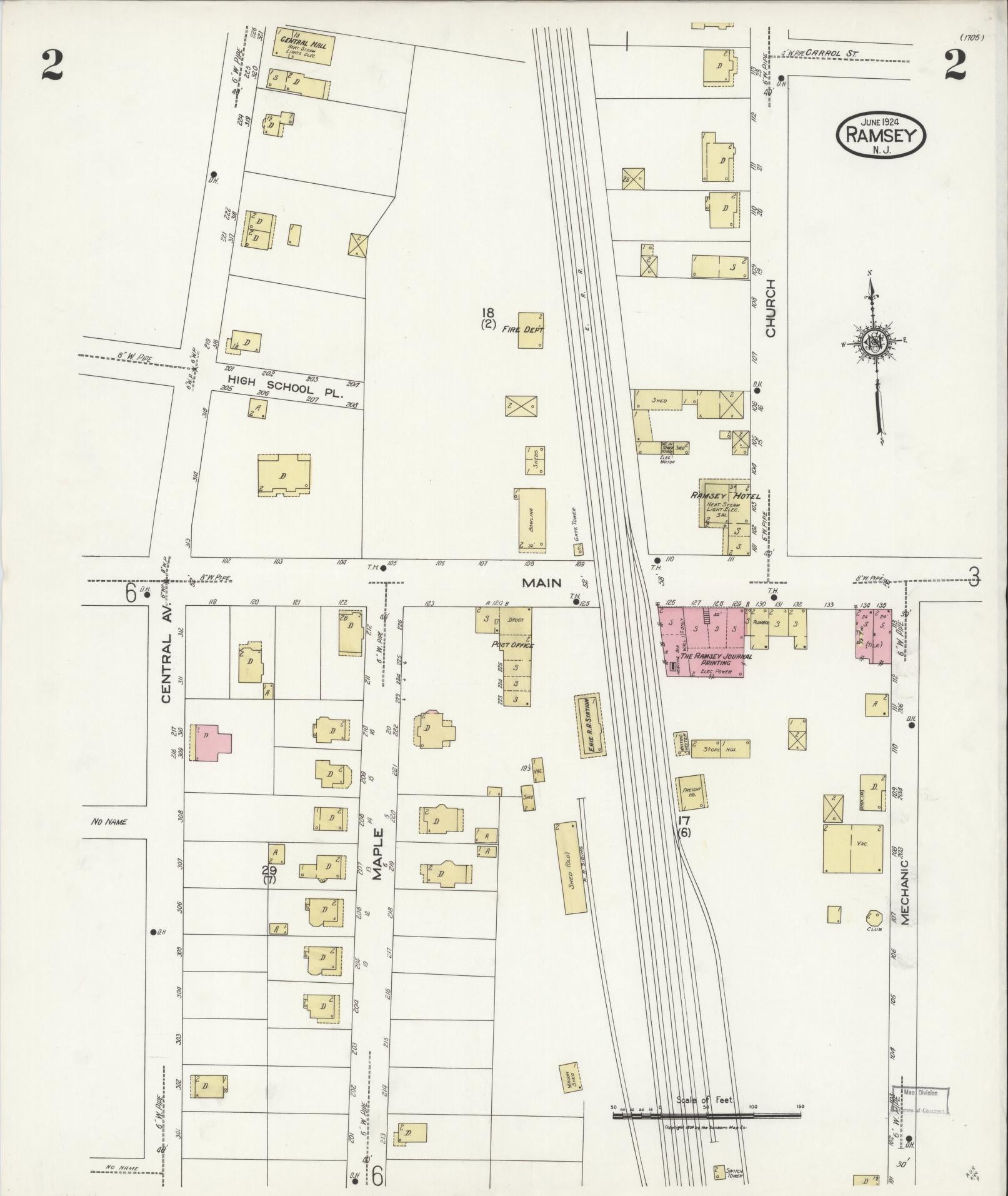 Sanborn Fire Insurance Map from Ramsey, Bergen County, New Jersey (1924), Sheet #0002 - Historic Sanborn Fire Insurance Map Print, vintage old map wall art, antique decor, genealogy gift, New Jersey New Jersey map
