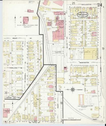 Sanborn Fire Insurance Map from Portsmouth, Scioto County, Ohio (1911), Sheet #0024 - Historic Sanborn Fire Insurance Map Print, vintage old map wall art, antique decor, genealogy gift, Ohio Ohio map