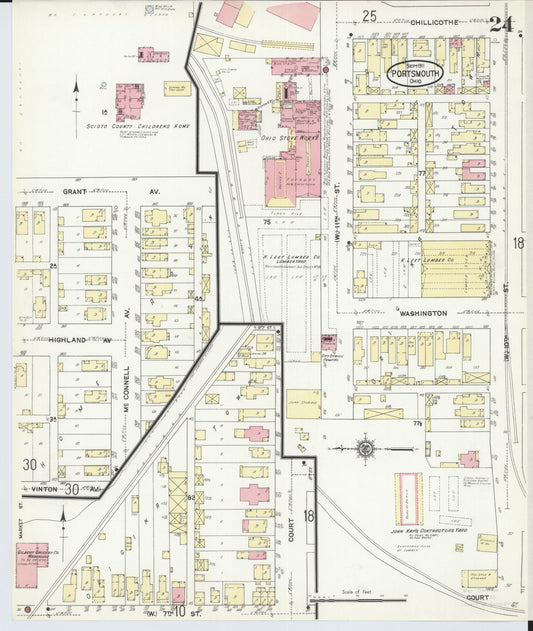 Sanborn Fire Insurance Map from Portsmouth, Scioto County, Ohio (1911), Sheet #0024 - Historic Sanborn Fire Insurance Map Print, vintage old map wall art, antique decor, genealogy gift, Ohio Ohio map