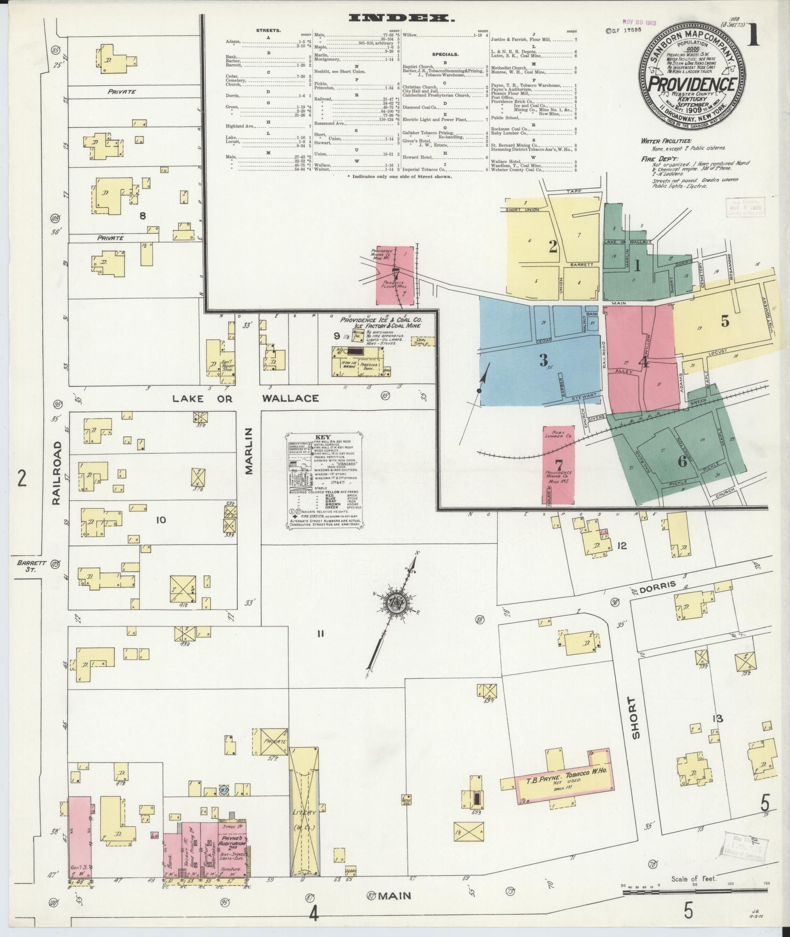 Sanborn Fire Insurance Map from Providence, Webster County, Kentucky (1909), Sheet #0001 - Complete Map Set gallery image, historic Sanborn map, vintage wall art, Kentucky Kentucky