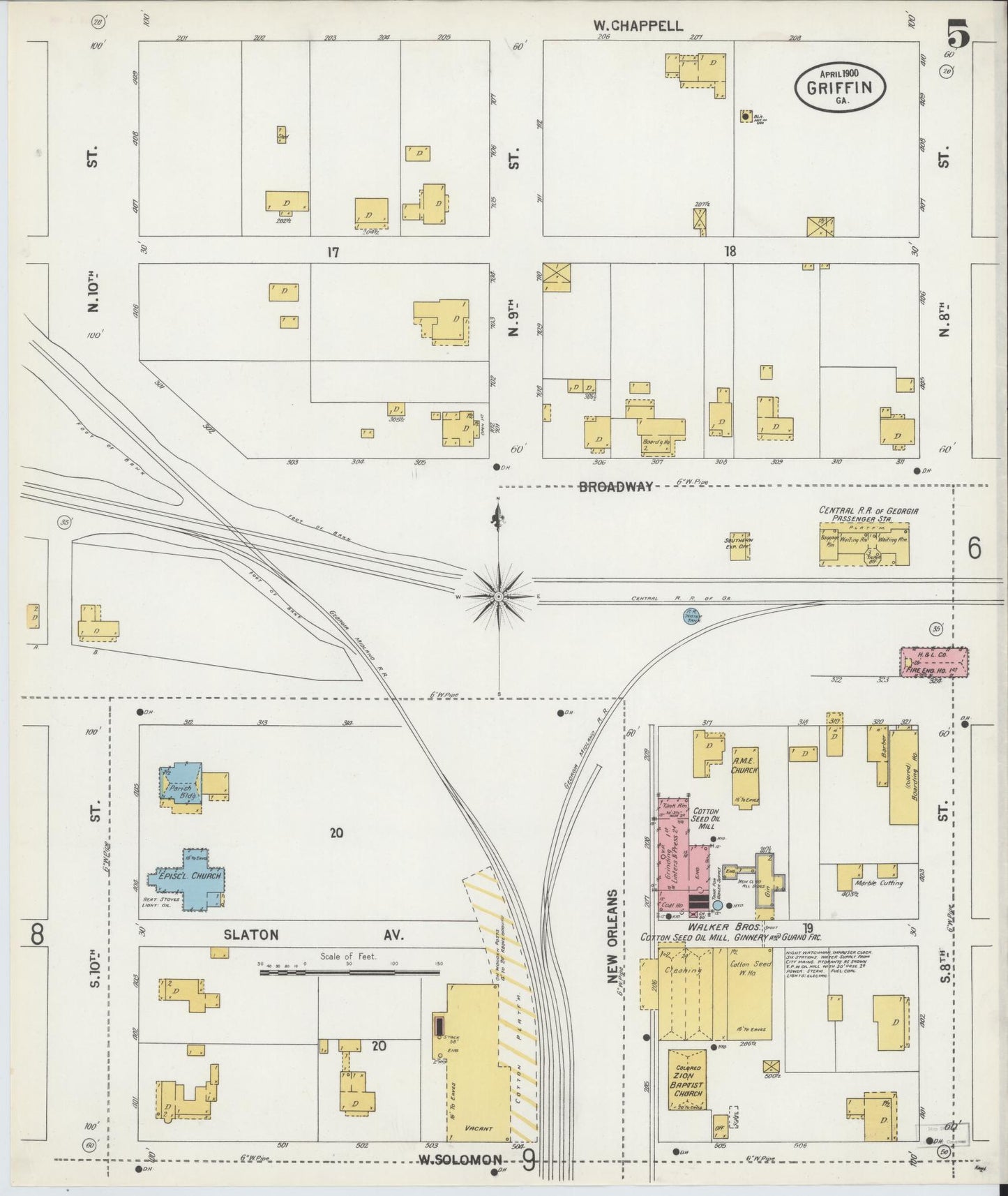Sanborn Fire Insurance Map from Griffin, Spalding County, Georgia (1900), Sheet #0005 - Complete Map Set gallery image, historic Sanborn map, vintage wall art, Georgia Georgia