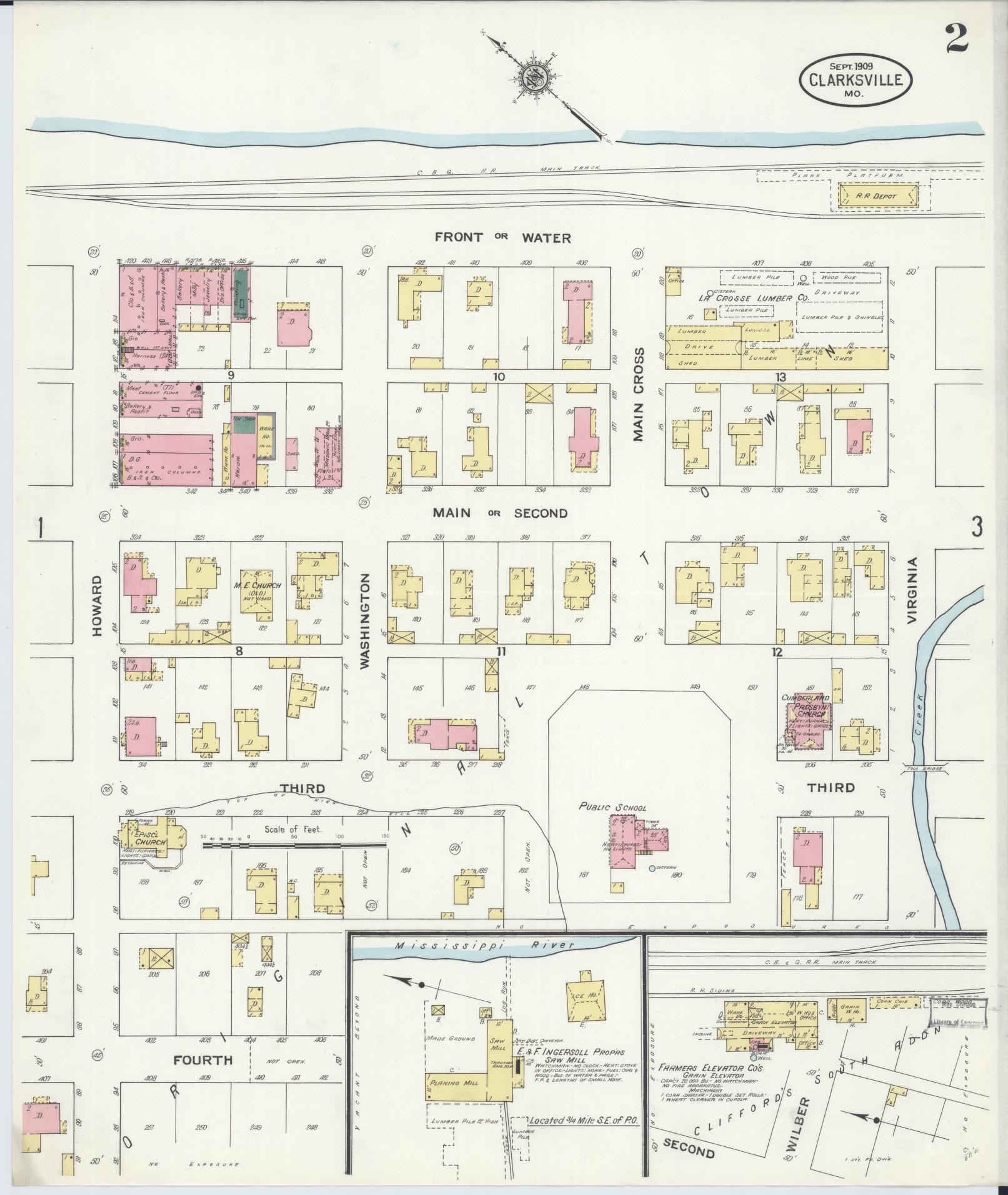 Sanborn Fire Insurance Map from Clarksville, Pike County, Missouri (1909), Sheet #0002 - Historic Sanborn Fire Insurance Map Print, vintage old map wall art, antique decor, genealogy gift, Missouri Missouri map