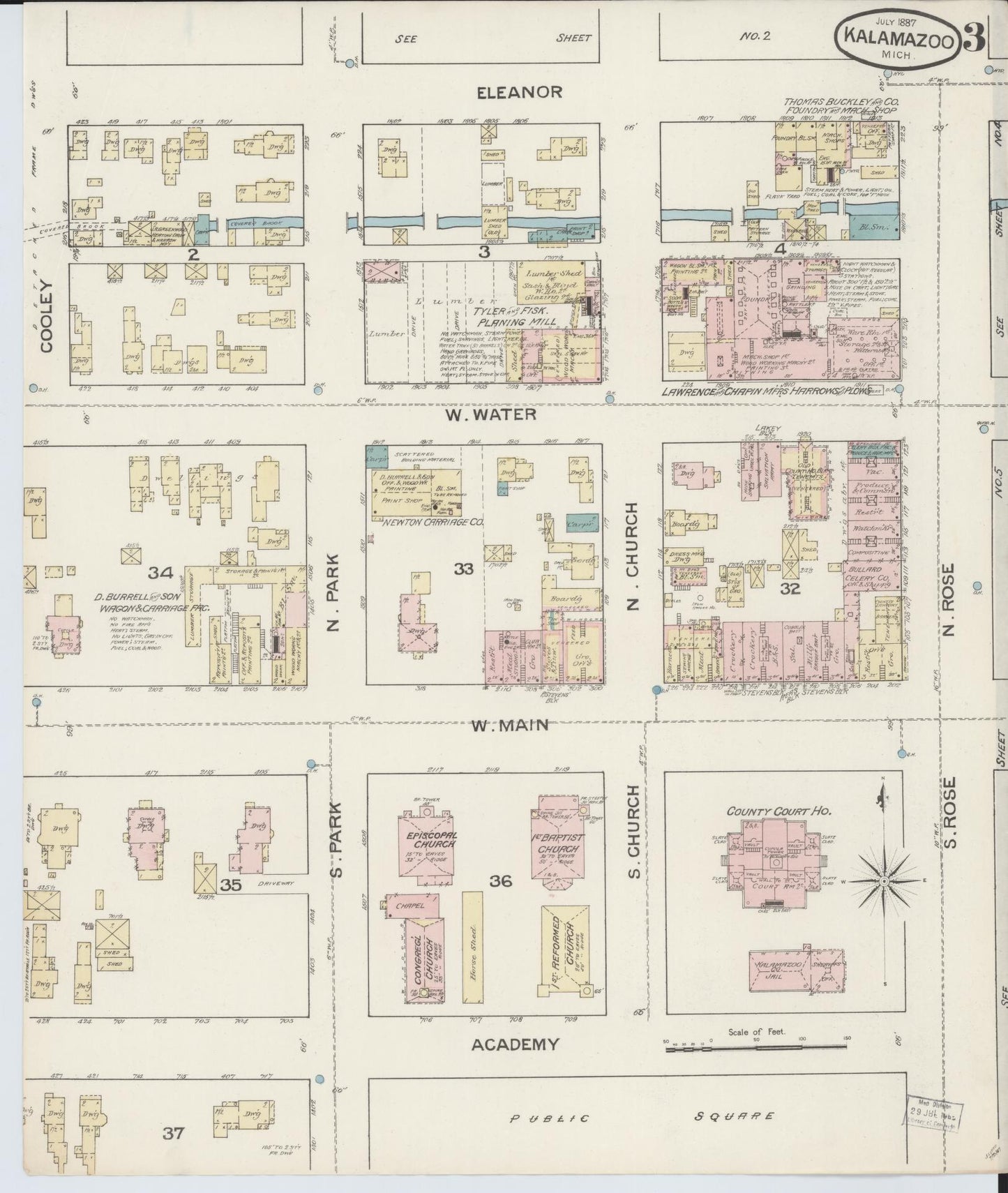 Sanborn Fire Insurance Map from Kalamazoo, Kalamazoo County, Michigan (1887), Sheet #0003 - Complete Map Set gallery image, historic Sanborn map, vintage wall art, Michigan Michigan