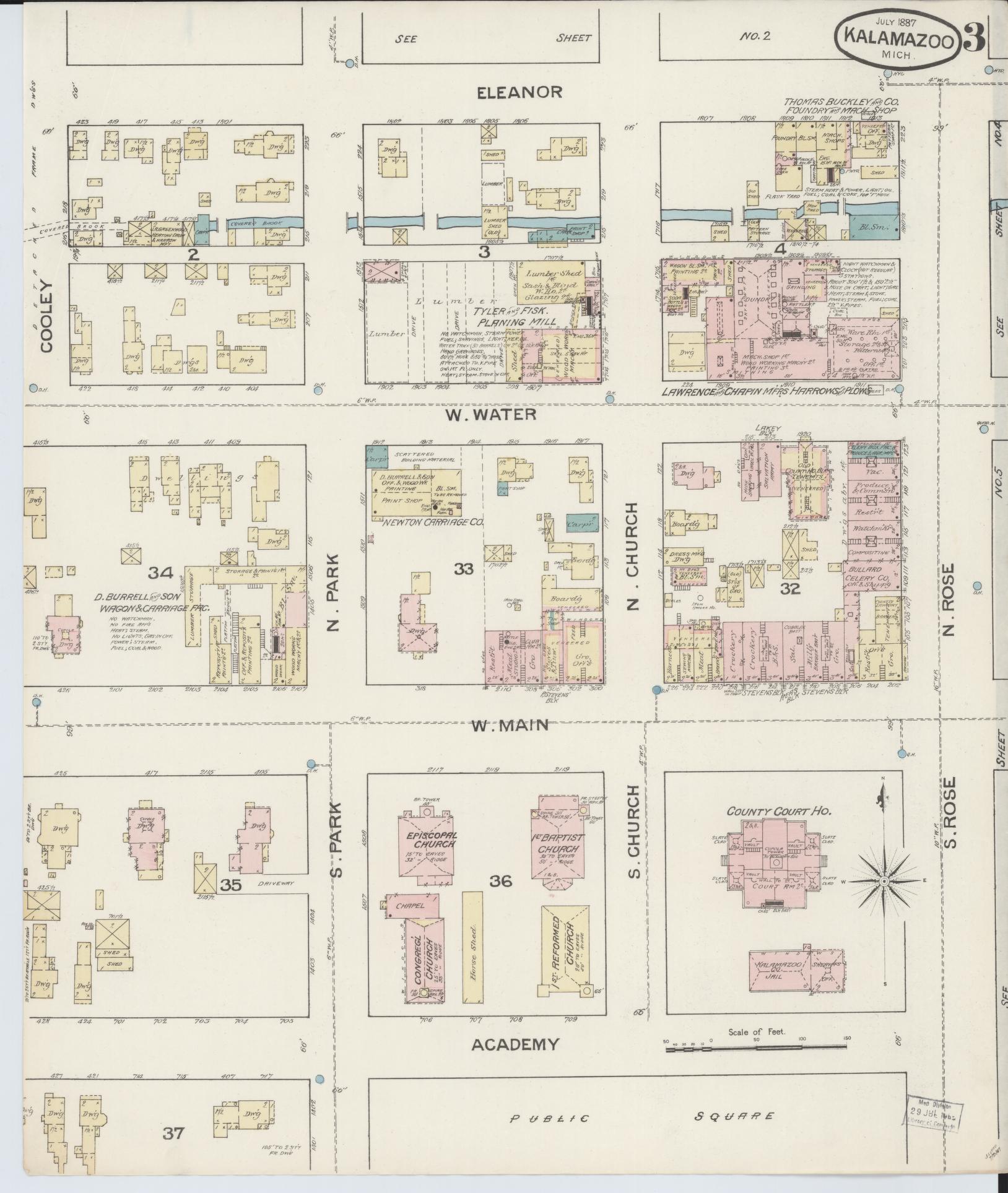 Sanborn Fire Insurance Map from Kalamazoo, Kalamazoo County, Michigan (1887), Sheet #0003 - Complete Map Set gallery image, historic Sanborn map, vintage wall art, Michigan Michigan