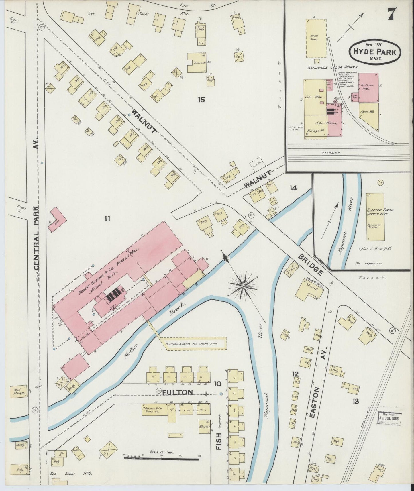 Sanborn Fire Insurance Map from Hyde Park, Norfolk County, Massachusetts (1891), Sheet #0007 - Historic Sanborn Fire Insurance Map Print, vintage old map wall art, antique decor, genealogy gift, Massachusetts Massachusetts map