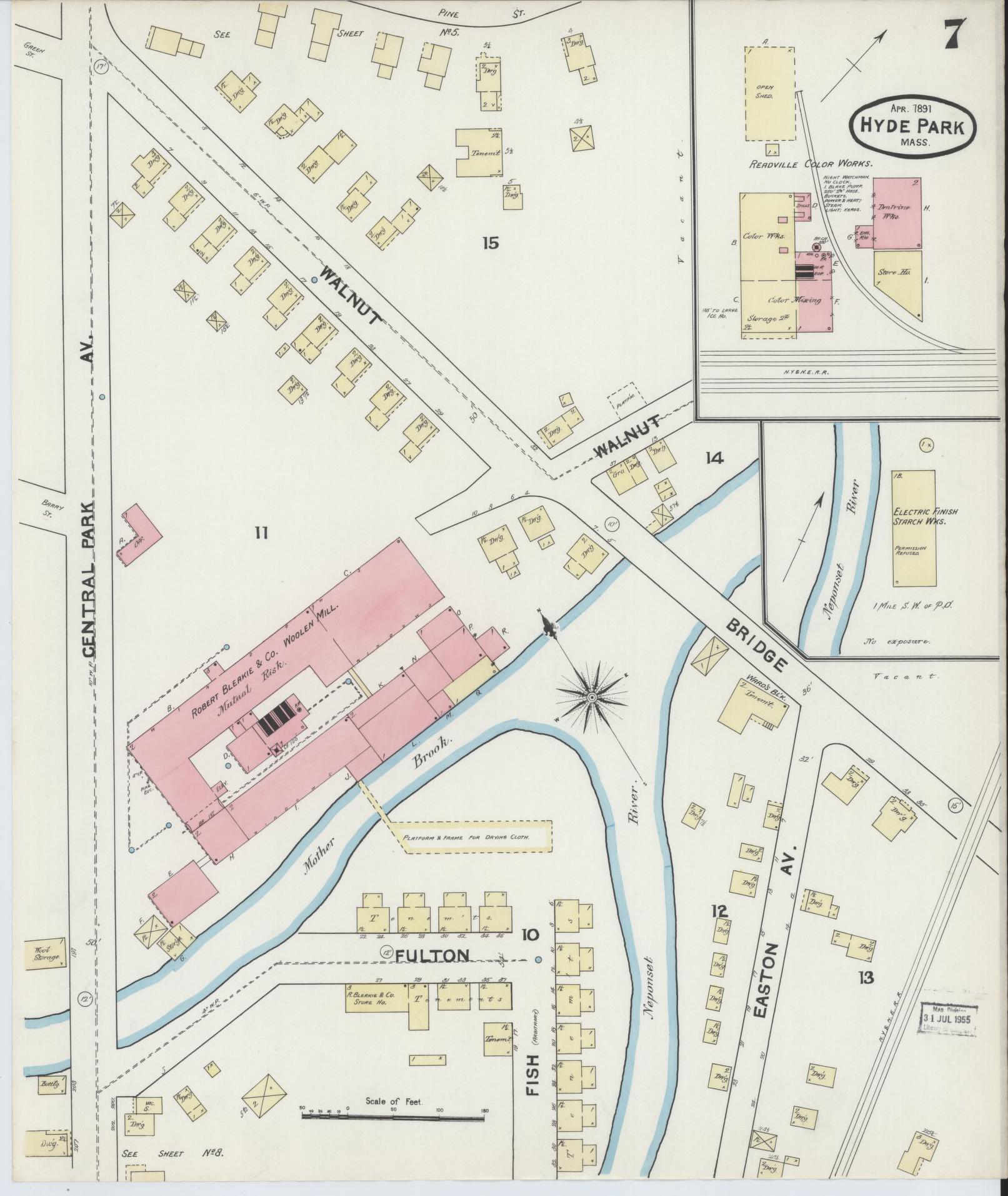Sanborn Fire Insurance Map from Hyde Park, Norfolk County, Massachusetts (1891), Sheet #0007 - Historic Sanborn Fire Insurance Map Print, vintage old map wall art, antique decor, genealogy gift, Massachusetts Massachusetts map