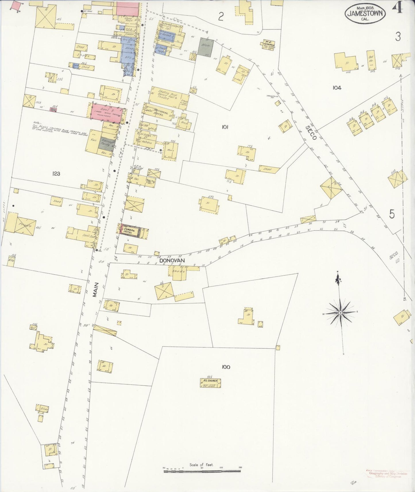 Sanborn Fire Insurance Map from Jamestown, Tuolumne County, California (1908), Sheet #0004 - Complete Map Set gallery image, historic Sanborn map, vintage wall art, California California