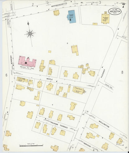Sanborn Fire Insurance Map from Arlington, Middlesex County, Massachusetts (1908), Sheet #0007 - Historic Sanborn Fire Insurance Map Print, vintage old map wall art, antique decor, genealogy gift, Massachusetts Massachusetts map